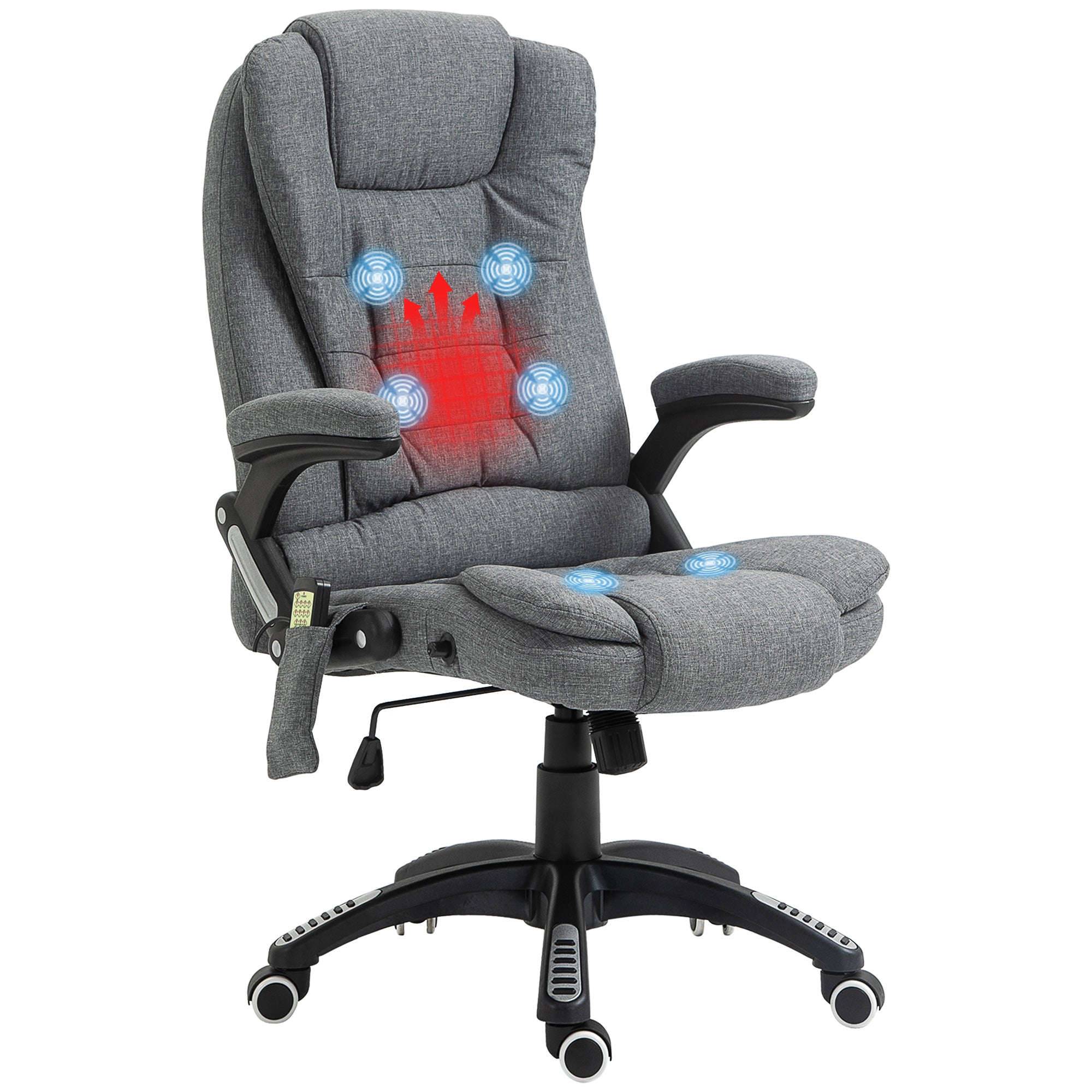 Fauteuil de bureau massant et chauffant, chaise de bureau, chaise ergonomique avec hauteur réglable, dossier inclinable et télécommande filaire, pivotant à 360° tissu en polyester gris chiné