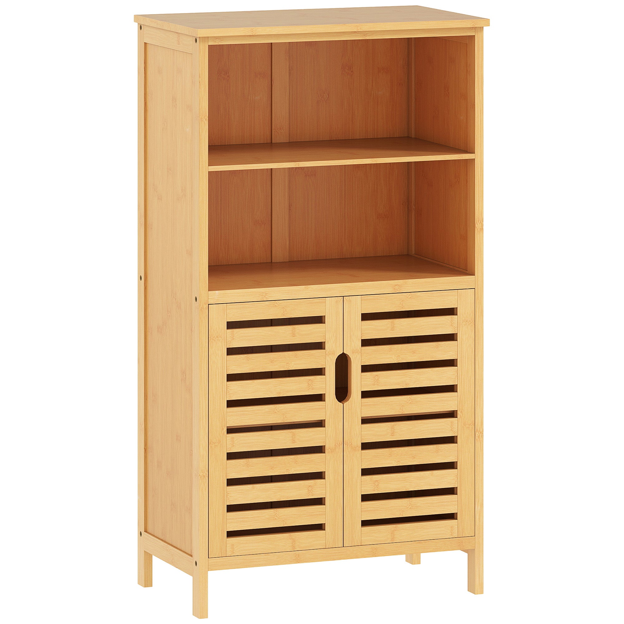 Meuble de salle de bain placard de rangement meuble de rangement sur peids en bambou avec 2 portes et 2 compartiments - 50 x 29 x 92 cm