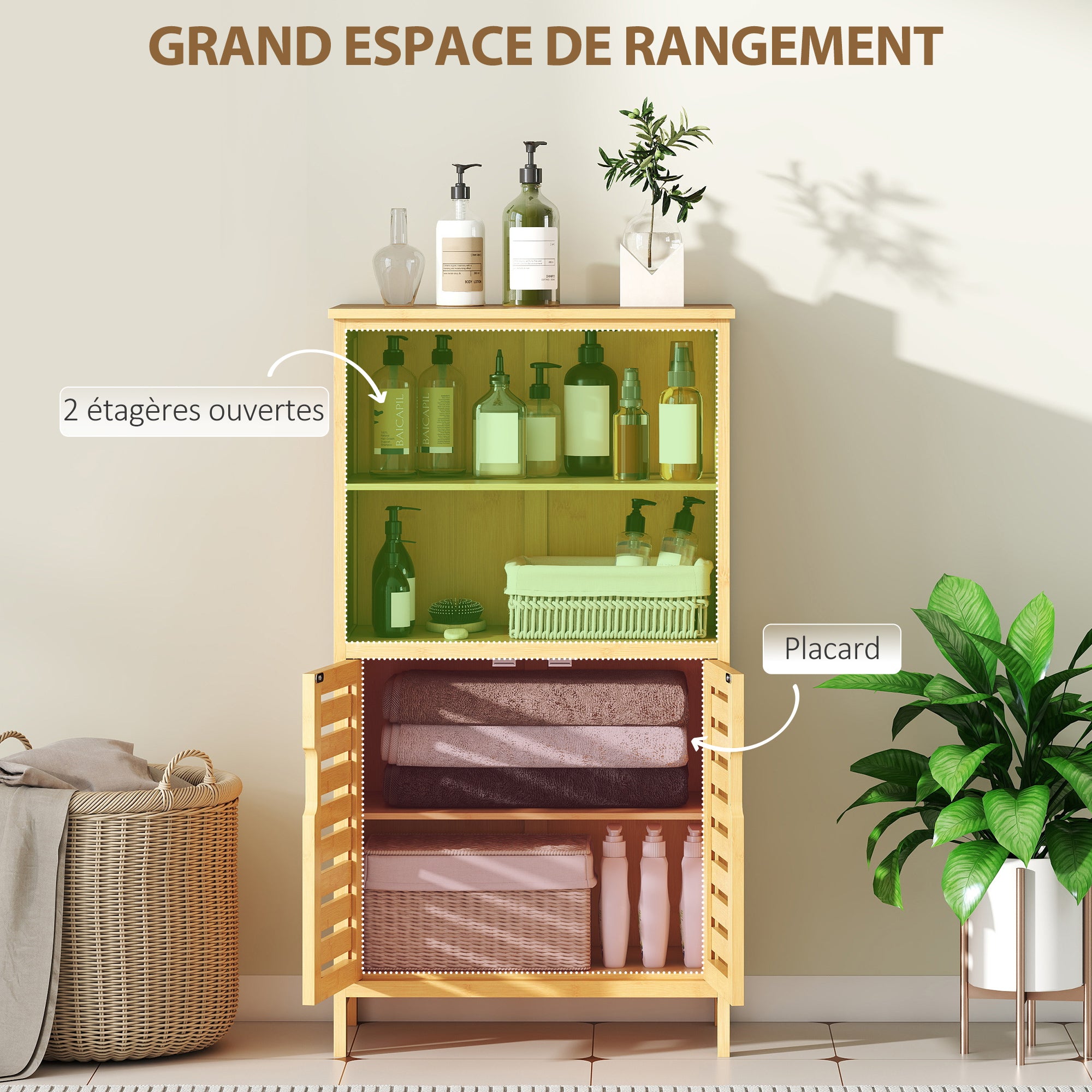 Meuble de salle de bain placard de rangement meuble de rangement sur peids en bambou avec 2 portes et 2 compartiments - 50 x 29 x 92 cm