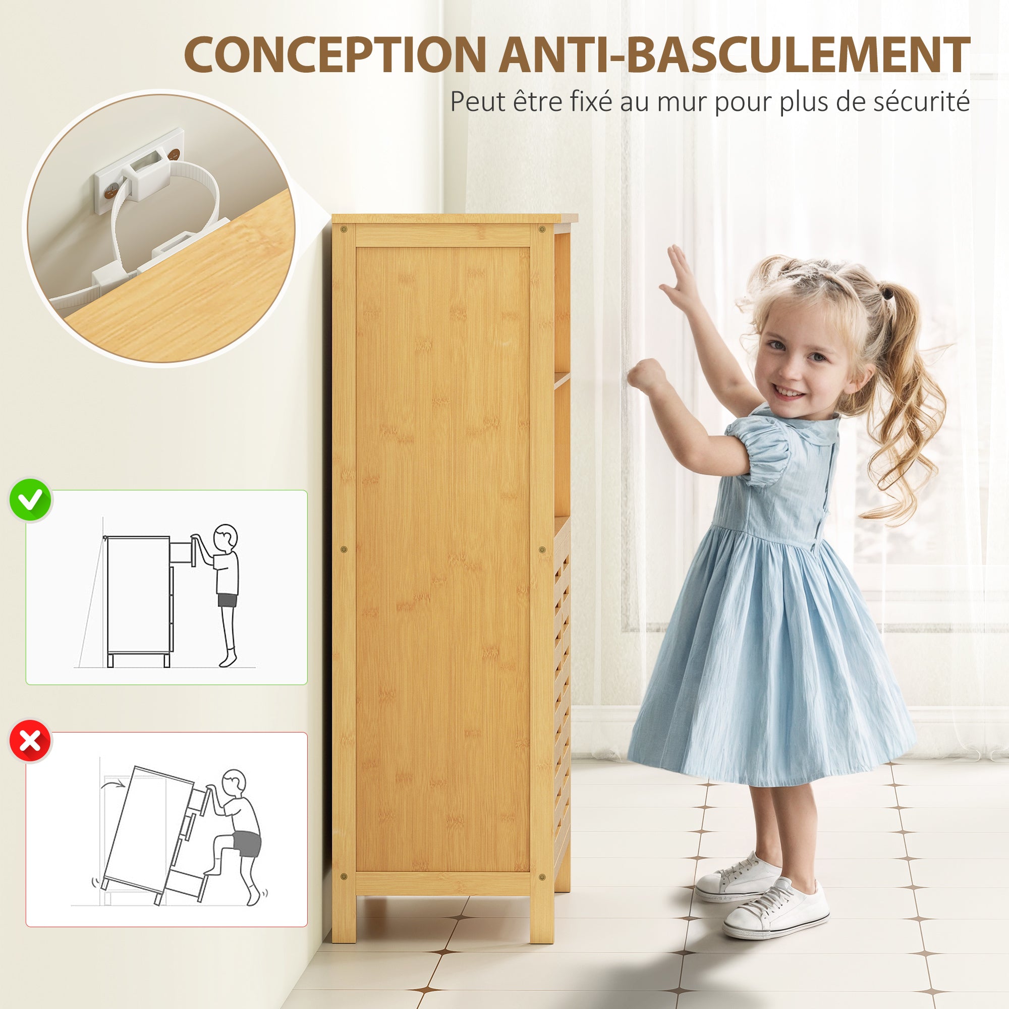 Meuble de salle de bain placard de rangement meuble de rangement sur peids en bambou avec 2 portes et 2 compartiments - 50 x 29 x 92 cm