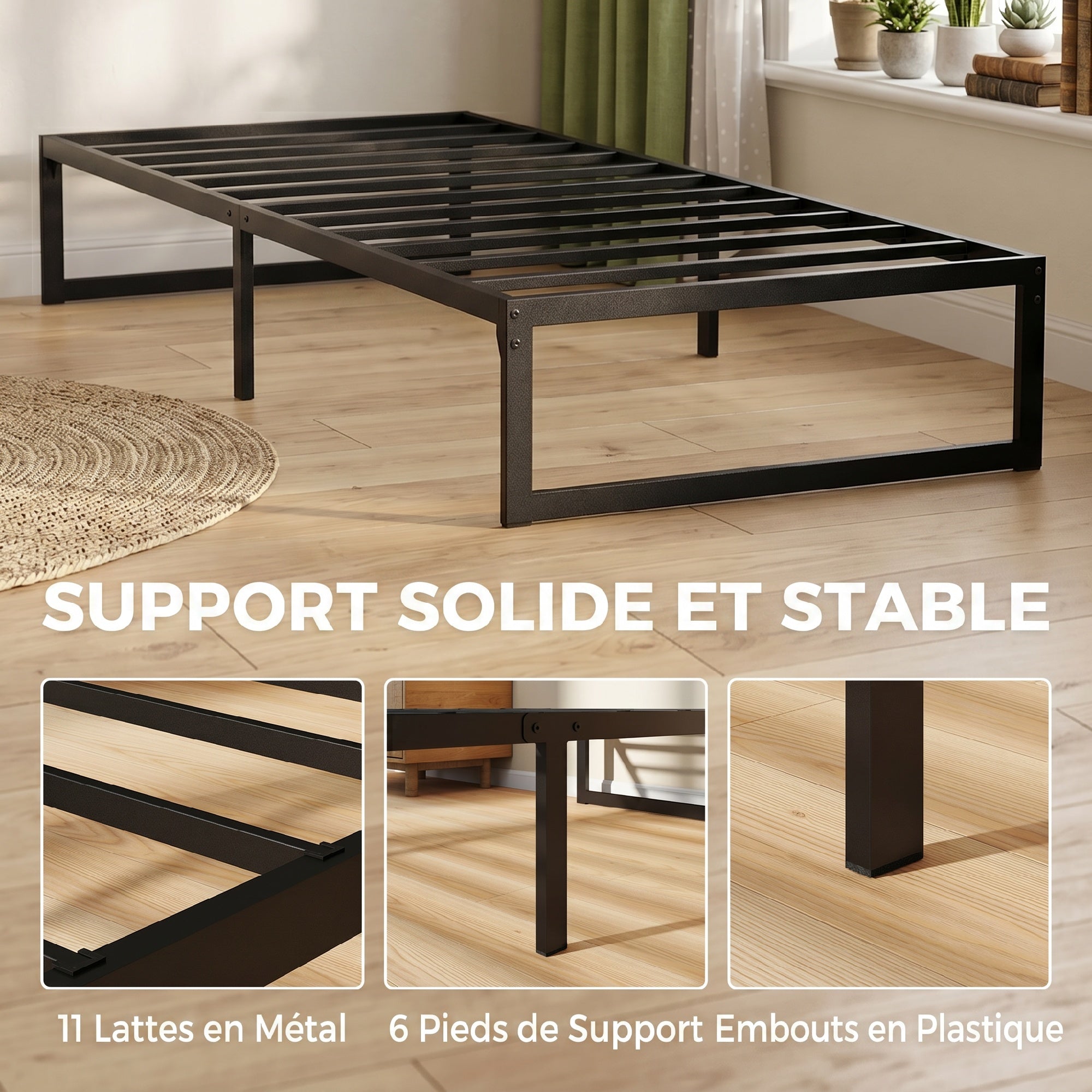 Cadre de lit 90 x 200 cm avec sommier, lit simple avec support à lattes en métal, rangement au-dessous de 32,5H cm, sans bruit, montage facile, noir