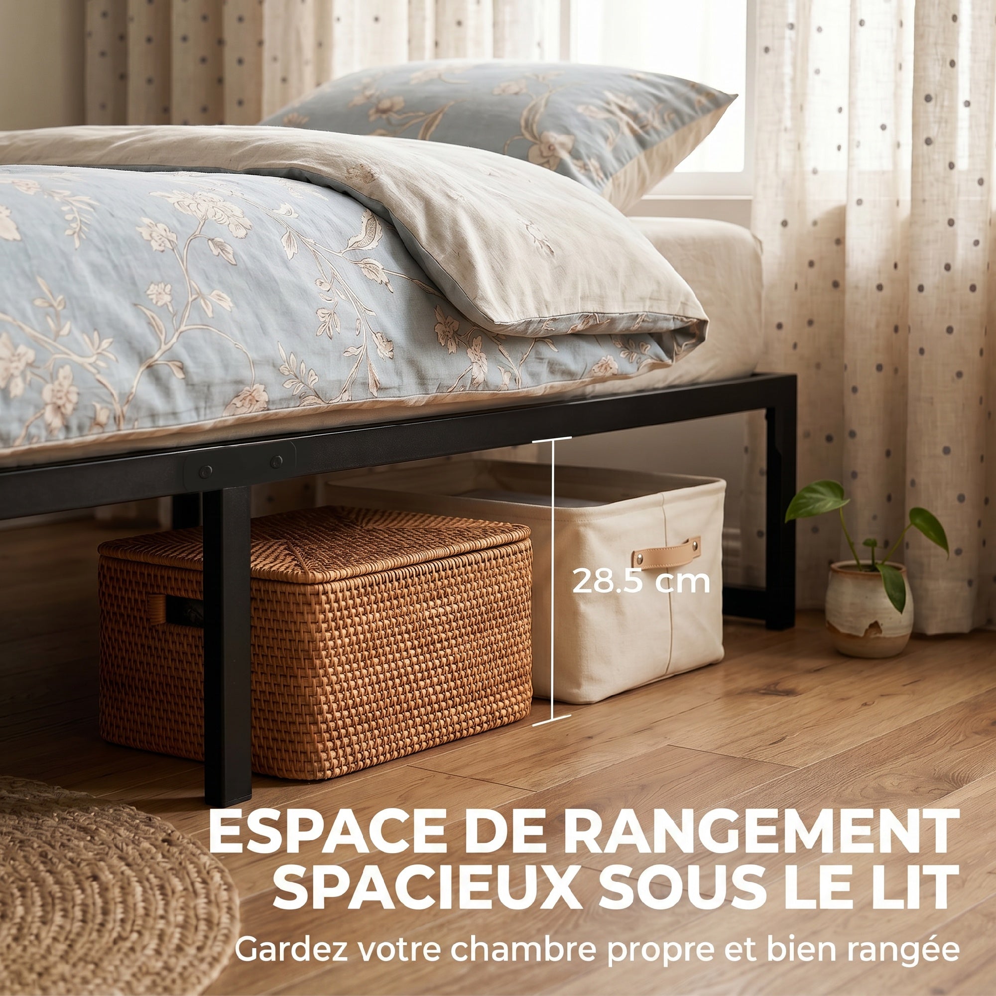Cadre de lit 90 x 200 cm avec sommier, lit simple avec support à lattes en métal, rangement au-dessous de 32,5H cm, sans bruit, montage facile, noir