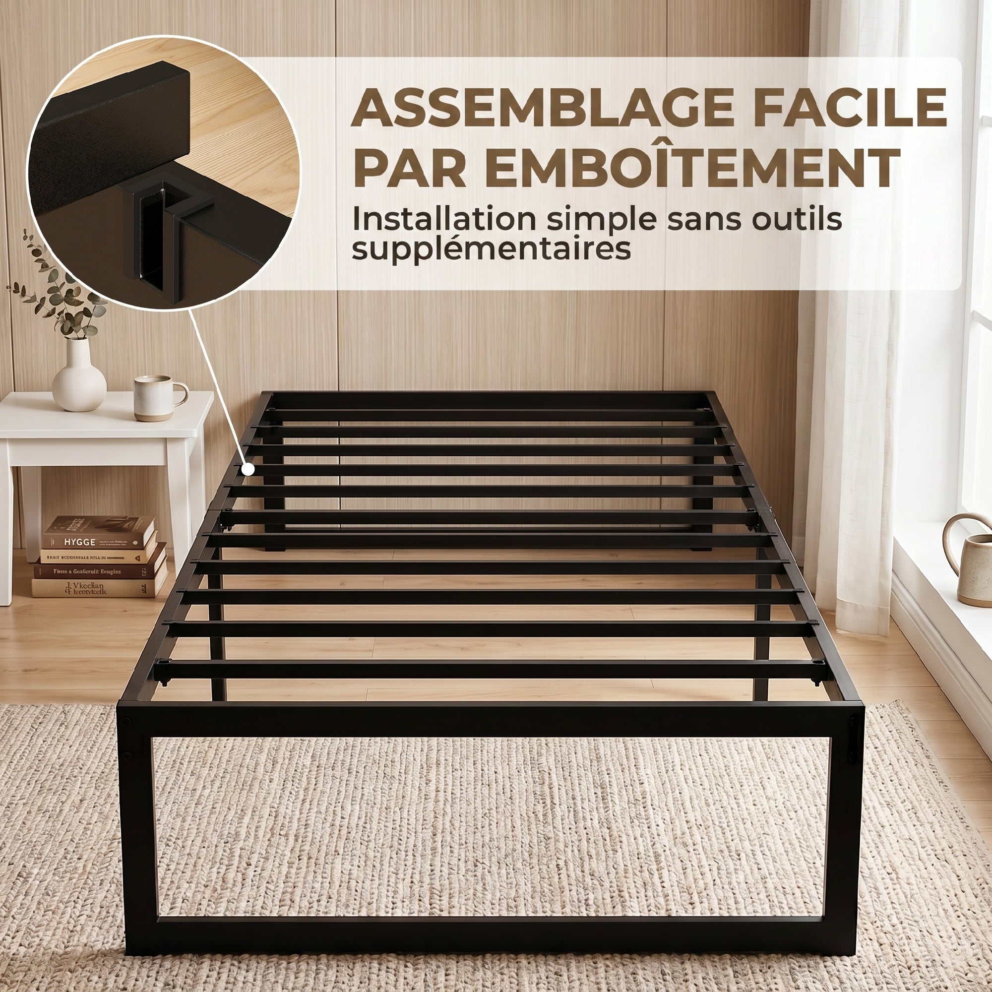 Cadre de lit 90 x 200 cm avec sommier, lit simple avec support à lattes en métal, rangement au-dessous de 32,5H cm, sans bruit, montage facile, noir