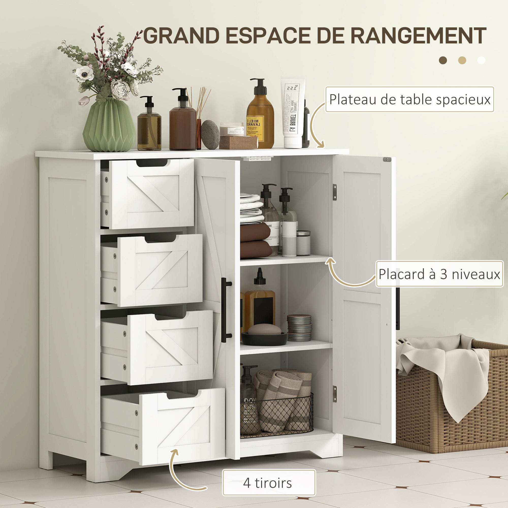 Meuble de salle de bain, meuble de rangement, armoire salle de bain avec 4 tiroirs, 1 placard, étagère réglable, pour salon, salle à manger, petits espaces, 81,2 x 30 x 83,8 cm, blanc