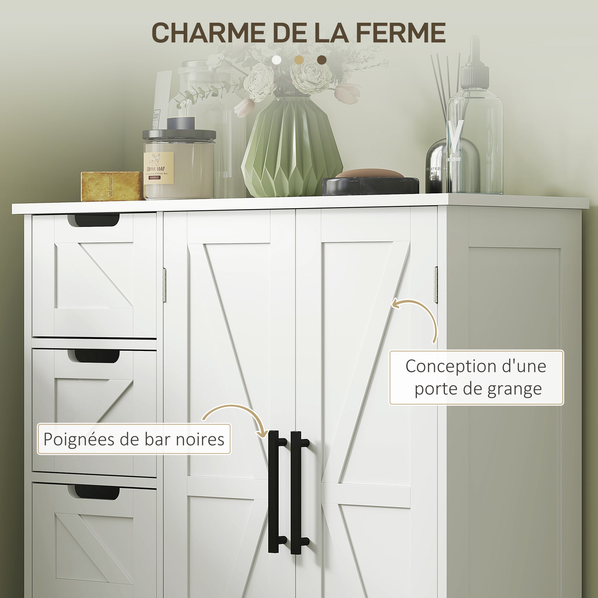 Meuble de salle de bain, meuble de rangement, armoire salle de bain avec 4 tiroirs, 1 placard, étagère réglable, pour salon, salle à manger, petits espaces, 81,2 x 30 x 83,8 cm, blanc