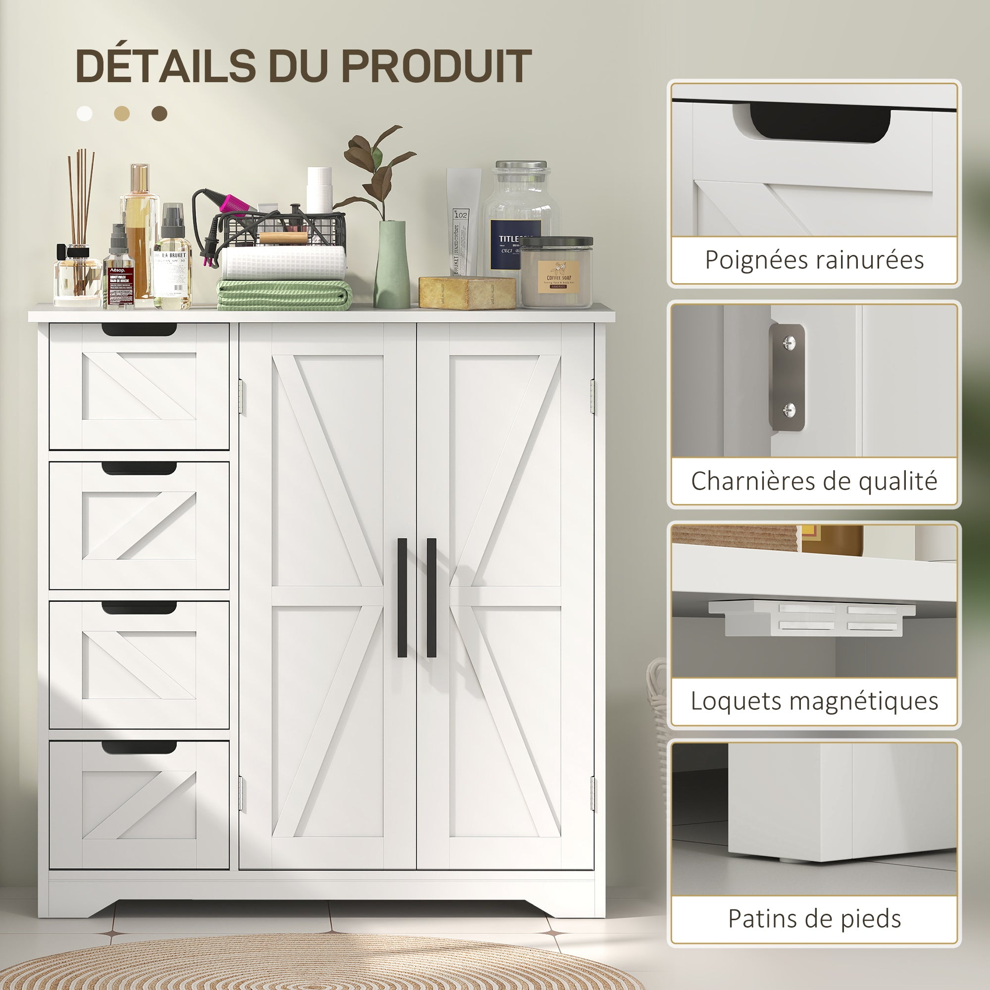 Meuble de salle de bain, meuble de rangement, armoire salle de bain avec 4 tiroirs, 1 placard, étagère réglable, pour salon, salle à manger, petits espaces, 81,2 x 30 x 83,8 cm, blanc