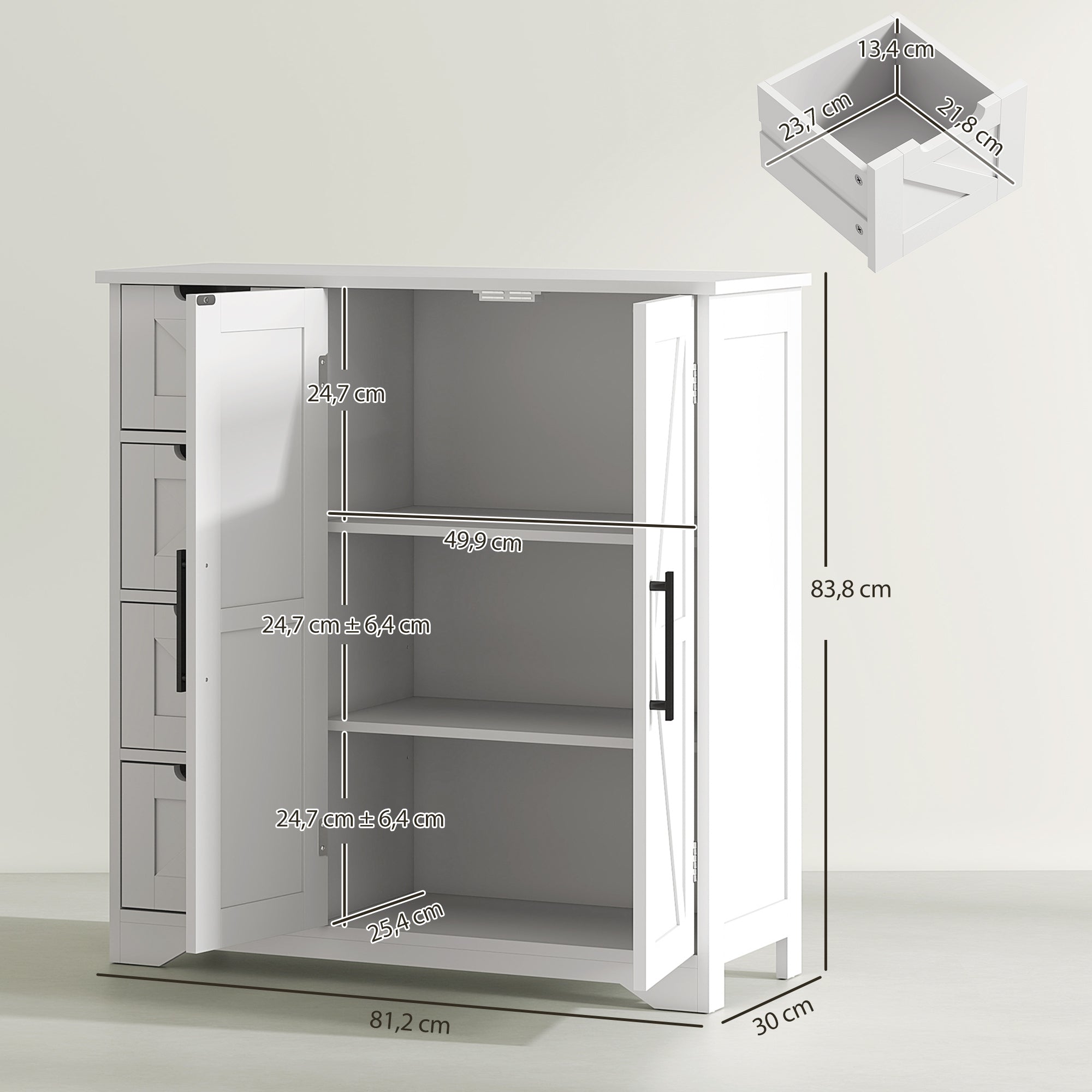 Meuble de salle de bain, meuble de rangement, armoire salle de bain avec 4 tiroirs, 1 placard, étagère réglable, pour salon, salle à manger, petits espaces, 81,2 x 30 x 83,8 cm, blanc
