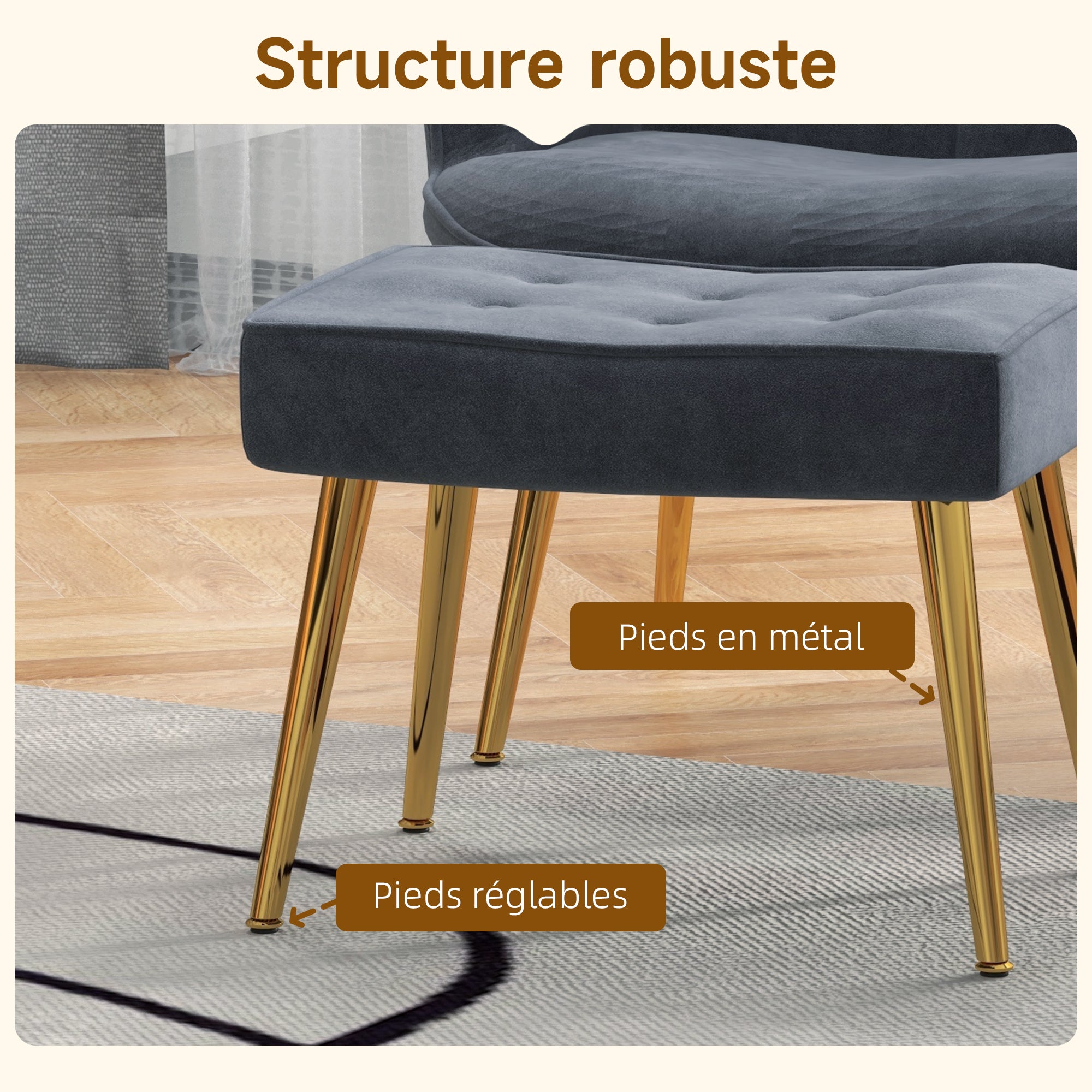 Fauteuil avec repose-pied, fauteuil salon capitonné avec dossier haut, pieds en acier doré et tissu velours, pour salon, chambre à coucher, gris foncé