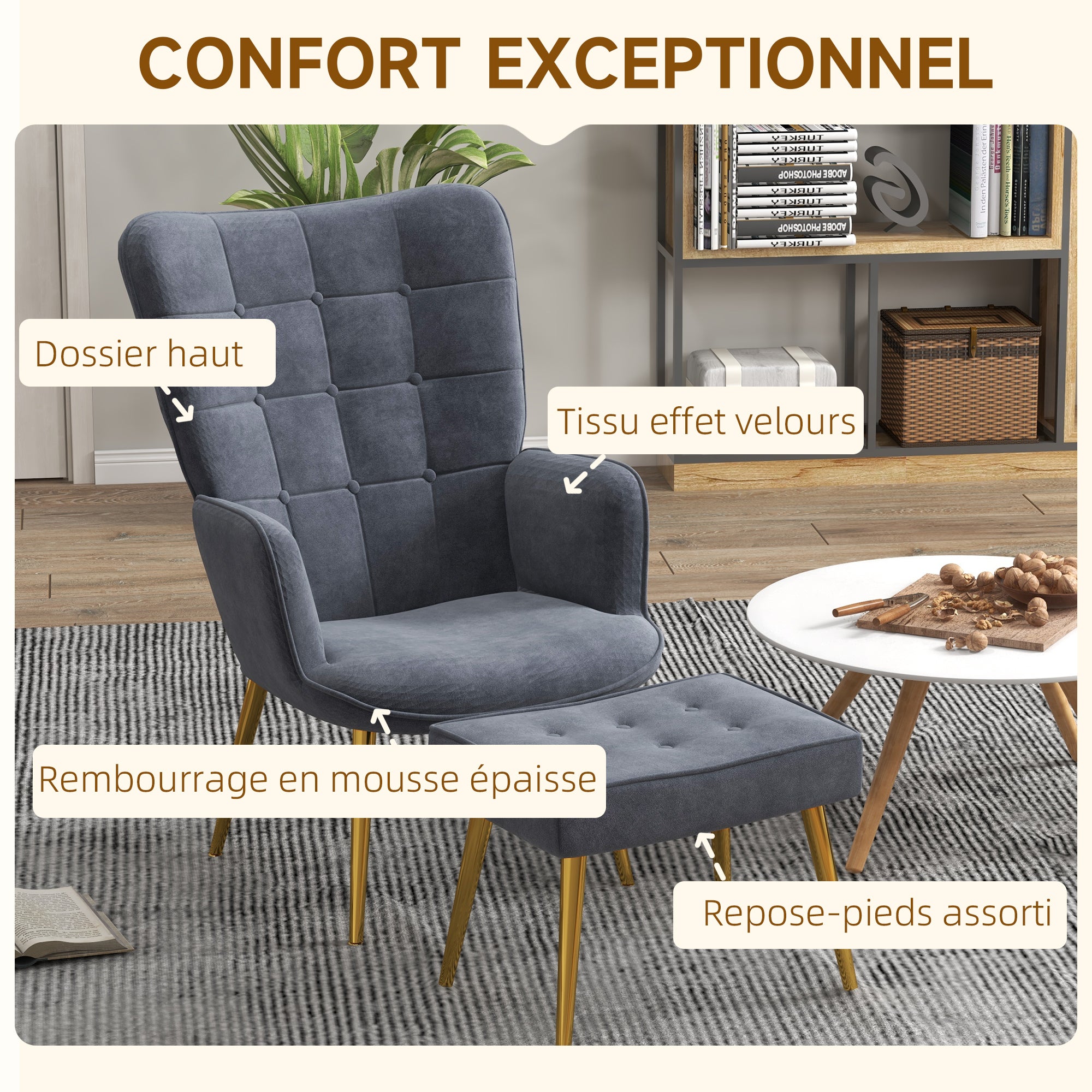 Fauteuil avec repose-pied, fauteuil salon capitonné avec dossier haut, pieds en acier doré et tissu velours, pour salon, chambre à coucher, gris foncé