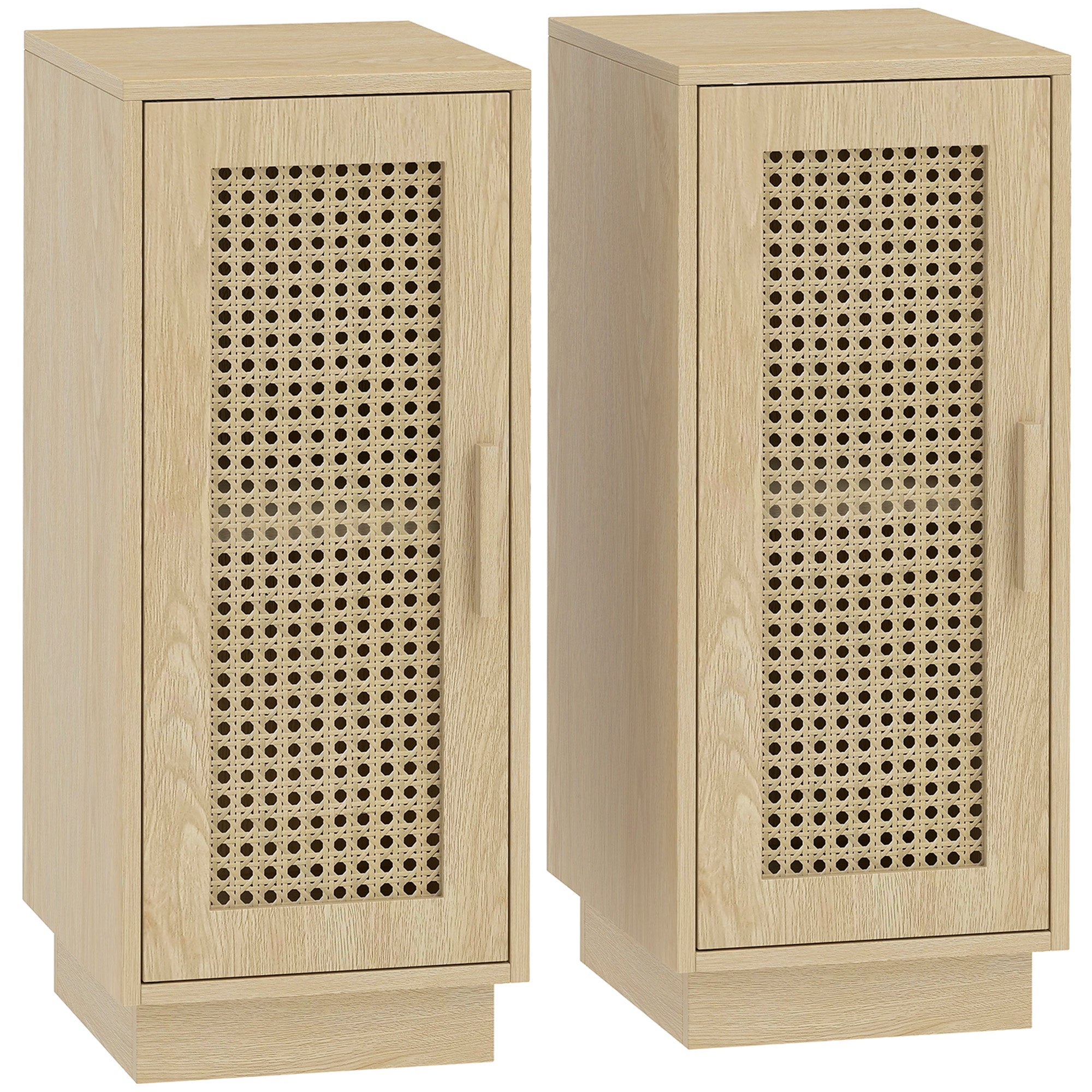 Lot de 2 Tables de Chevet, Tables de Nuit avec Étagère Réglable et Porte en Résine Tressée, Style Bohème, pour Chambre à Coucher, Salon, Bois Naturel