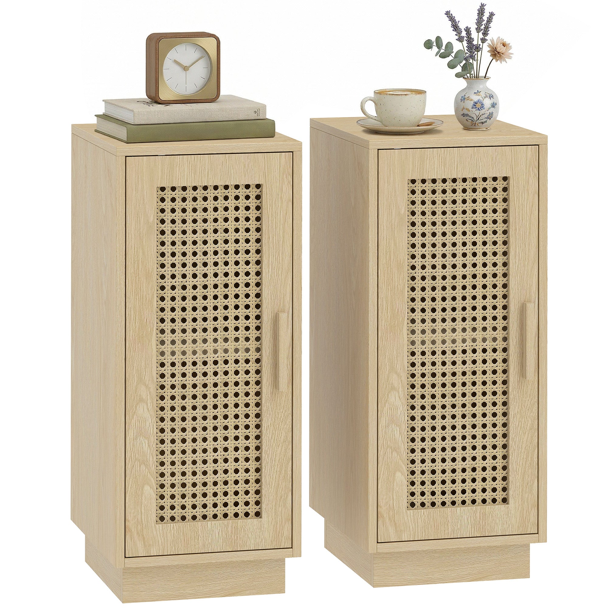 Lot de 2 Tables de Chevet, Tables de Nuit avec Étagère Réglable et Porte en Résine Tressée, Style Bohème, pour Chambre à Coucher, Salon, Bois Naturel