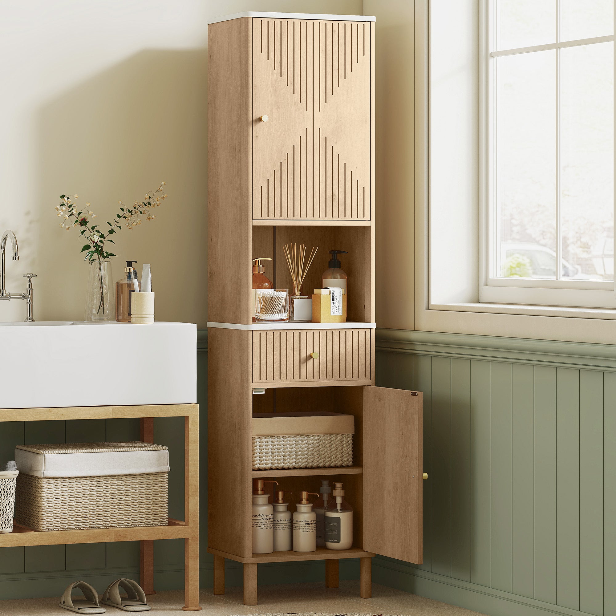 Armoire salle de bain haute, meuble de rangement colonne avec tiroir coulissant silencieux, étagères réglables, 2 placards, meuble étroit pour petits espaces, 41,5x30x168cm, chêne