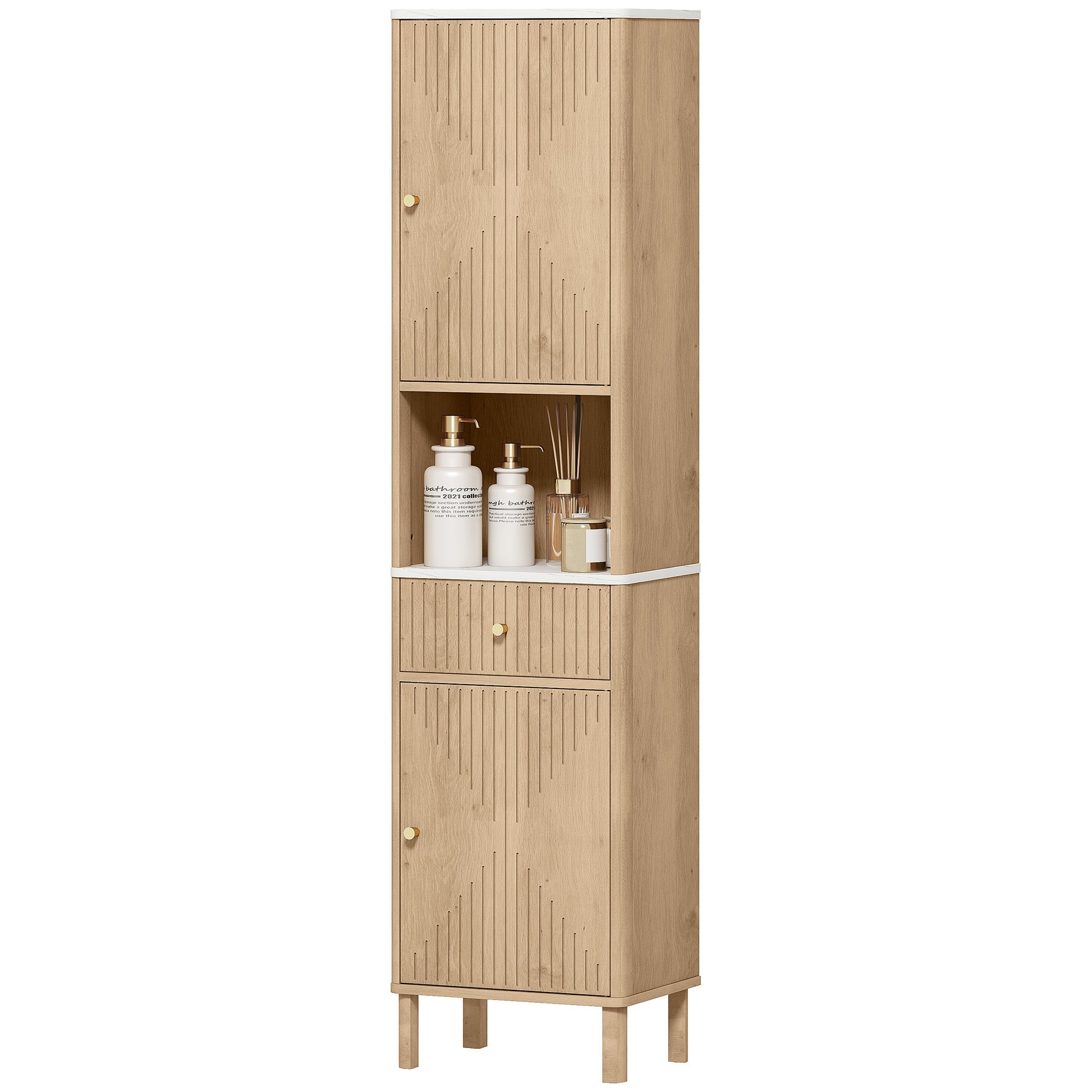 Armoire salle de bain haute, meuble de rangement colonne avec tiroir coulissant silencieux, étagères réglables, 2 placards, meuble étroit pour petits espaces, 41,5x30x168cm, chêne