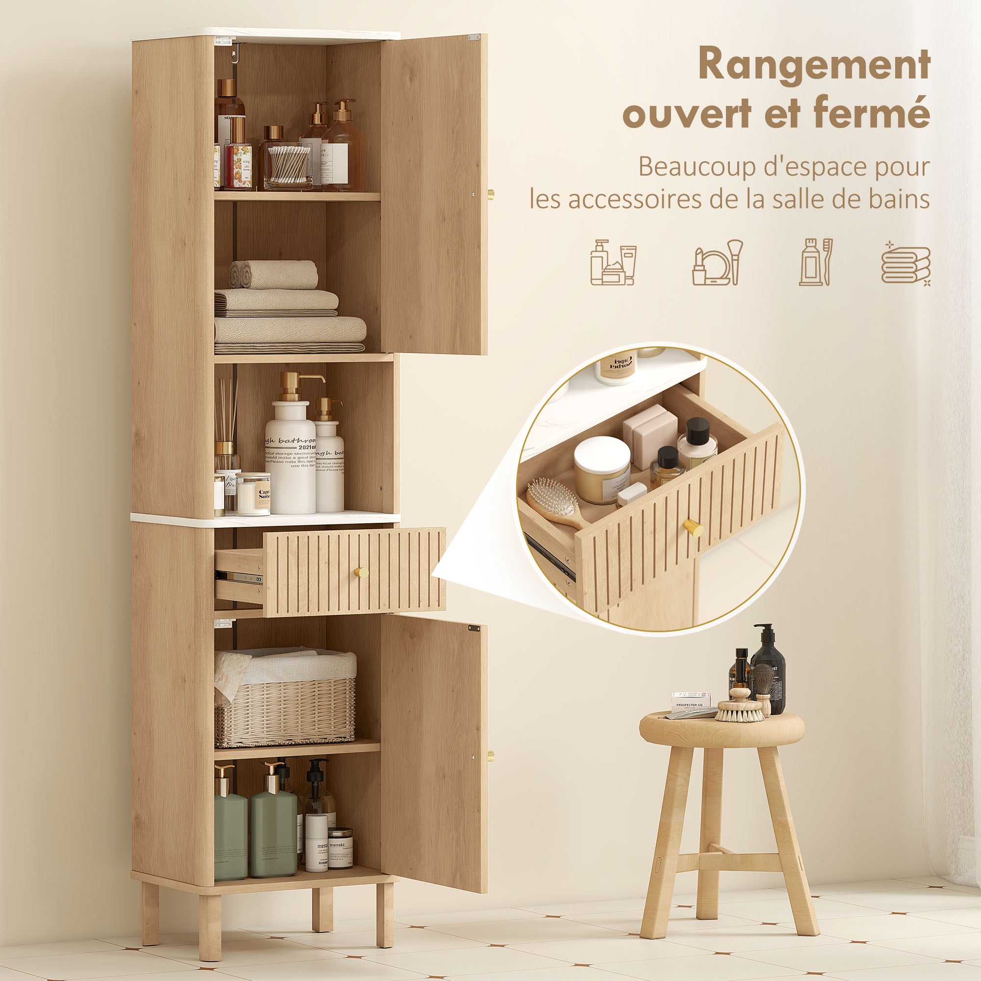Armoire salle de bain haute, meuble de rangement colonne avec tiroir coulissant silencieux, étagères réglables, 2 placards, meuble étroit pour petits espaces, 41,5x30x168cm, chêne