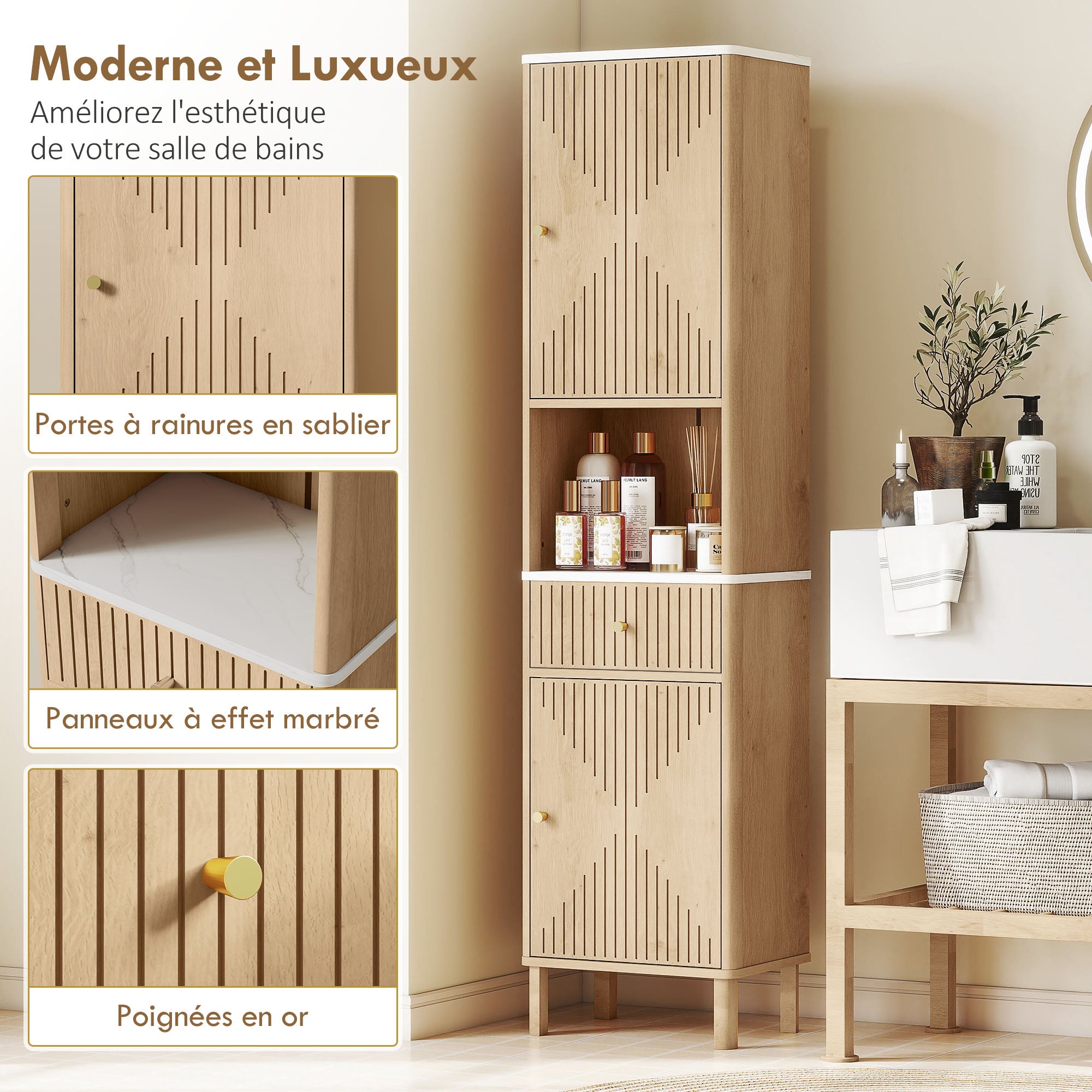 Armoire salle de bain haute, meuble de rangement colonne avec tiroir coulissant silencieux, étagères réglables, 2 placards, meuble étroit pour petits espaces, 41,5x30x168cm, chêne