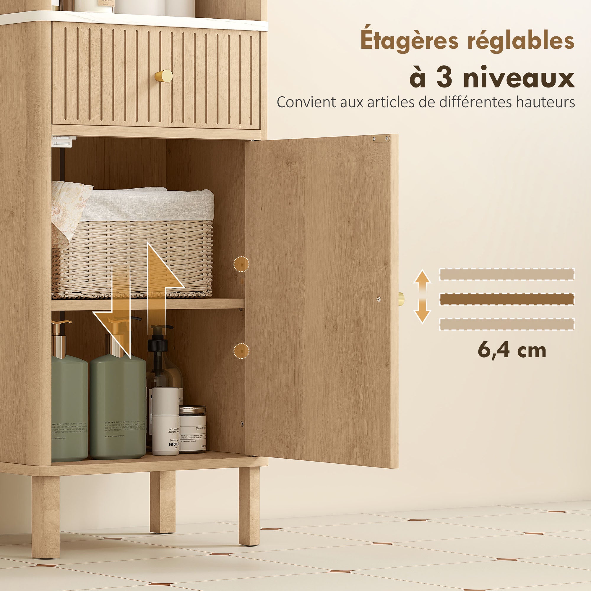 Armoire salle de bain haute, meuble de rangement colonne avec tiroir coulissant silencieux, étagères réglables, 2 placards, meuble étroit pour petits espaces, 41,5x30x168cm, chêne