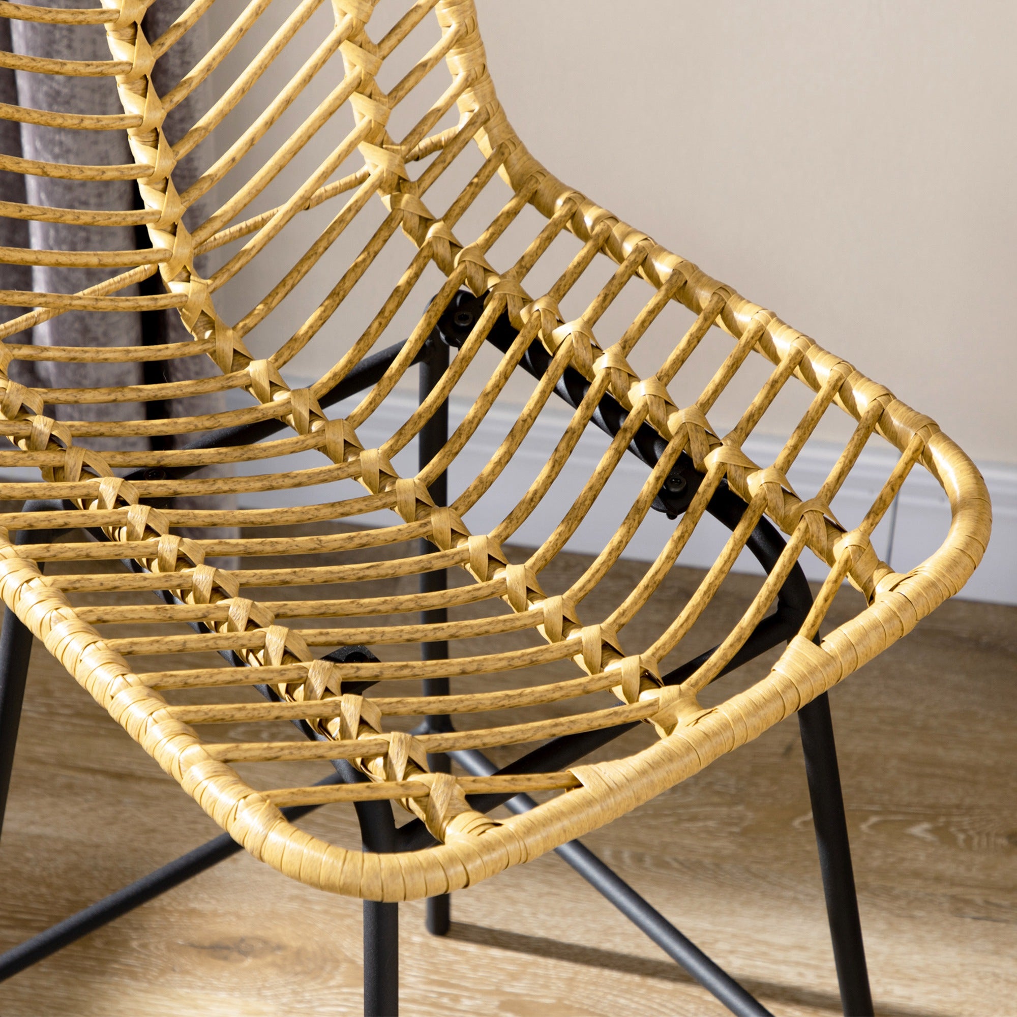 Lot de 2 tabourets de bar chaise de bar design bohème Hauteur 66 cm avec repose-pieds métal et dossier cannage - naturel