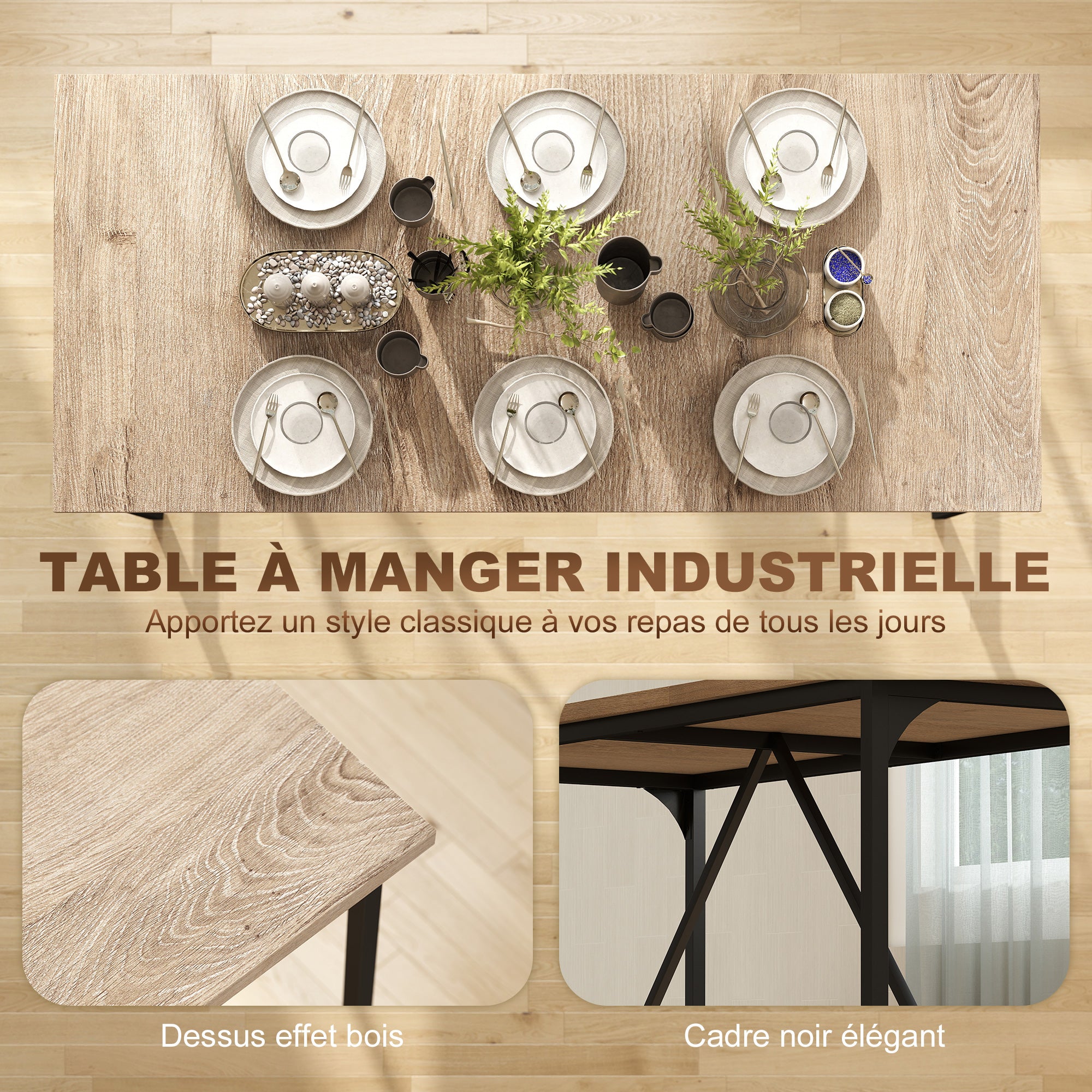 Table à manger pour 6-8 personne table cuisine rectangulaire style moderne - plateau aspect bois et pieds en acier noir avec patins réglables, 180 x 80 cm, naturel