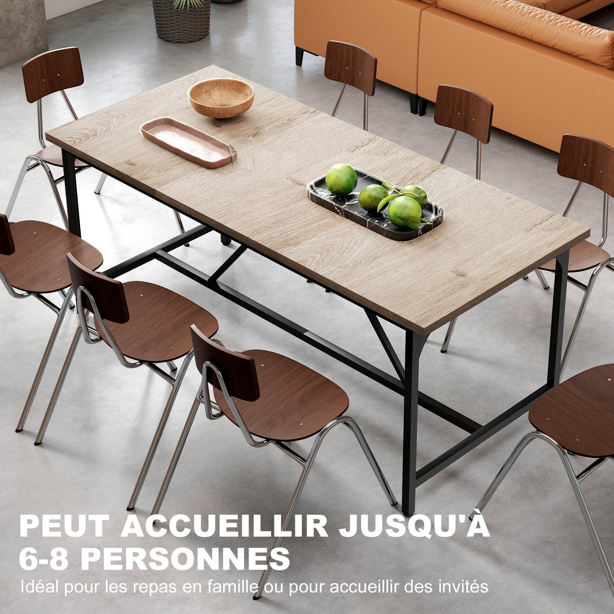 Table à manger pour 6-8 personne table cuisine rectangulaire style moderne - plateau aspect bois et pieds en acier noir avec patins réglables, 180 x 80 cm, naturel