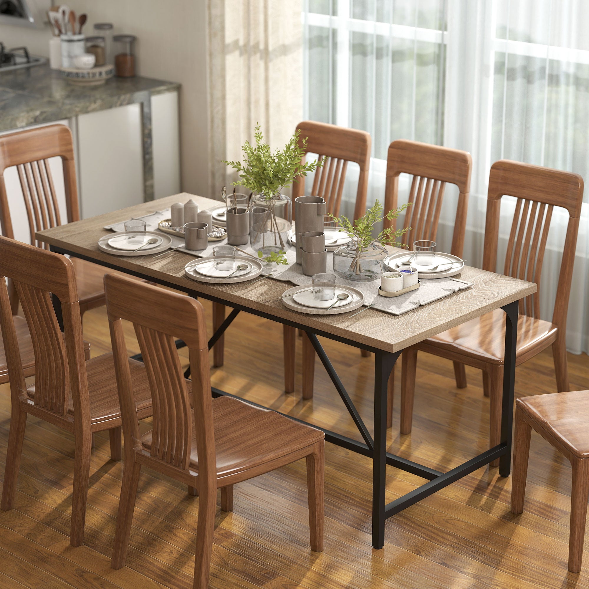 Table à manger pour 6-8 personne table cuisine rectangulaire style moderne - plateau aspect bois et pieds en acier noir avec patins réglables, 180 x 80 cm, naturel