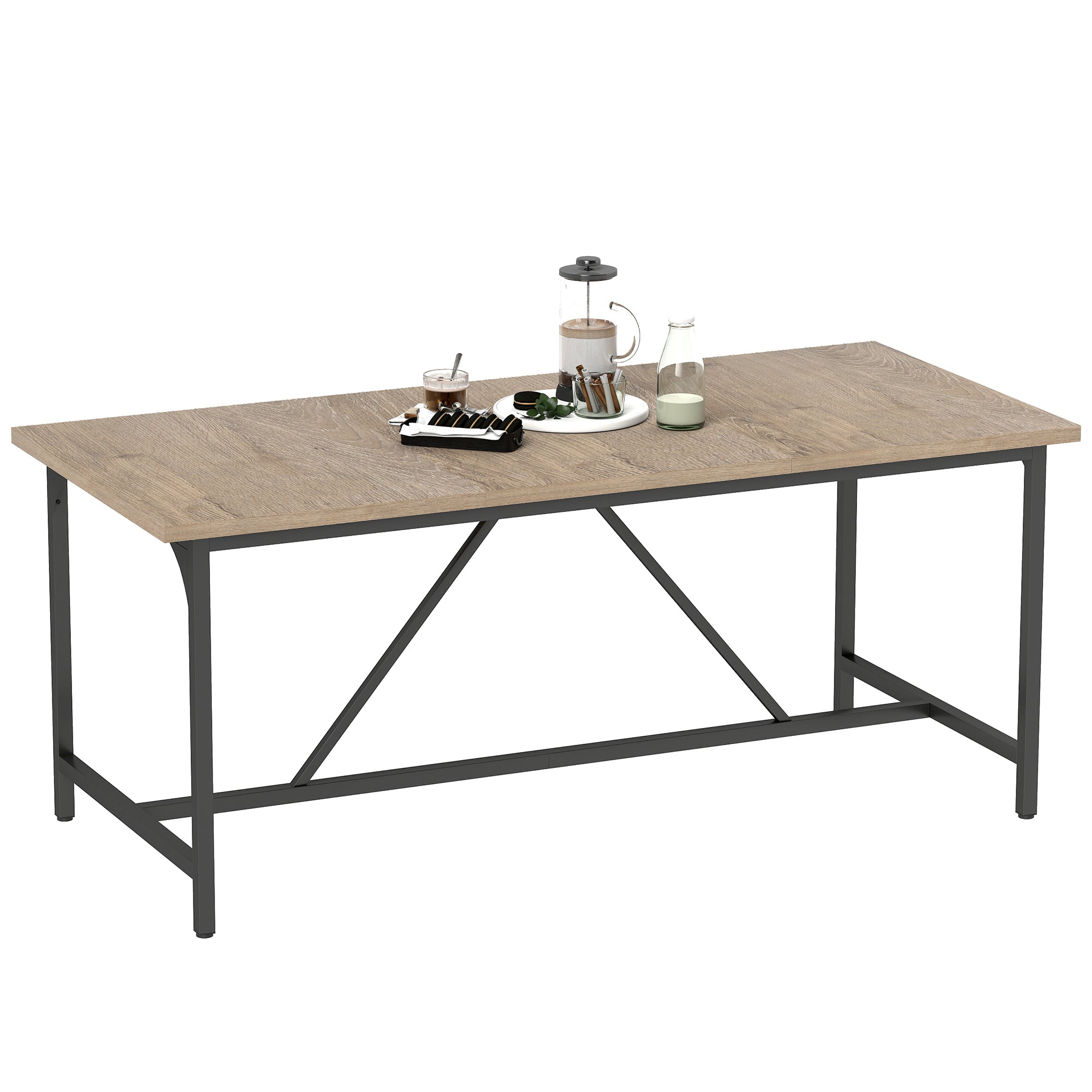 Table à manger pour 6-8 personne table cuisine rectangulaire style moderne - plateau aspect bois et pieds en acier noir avec patins réglables, 180 x 80 cm, naturel