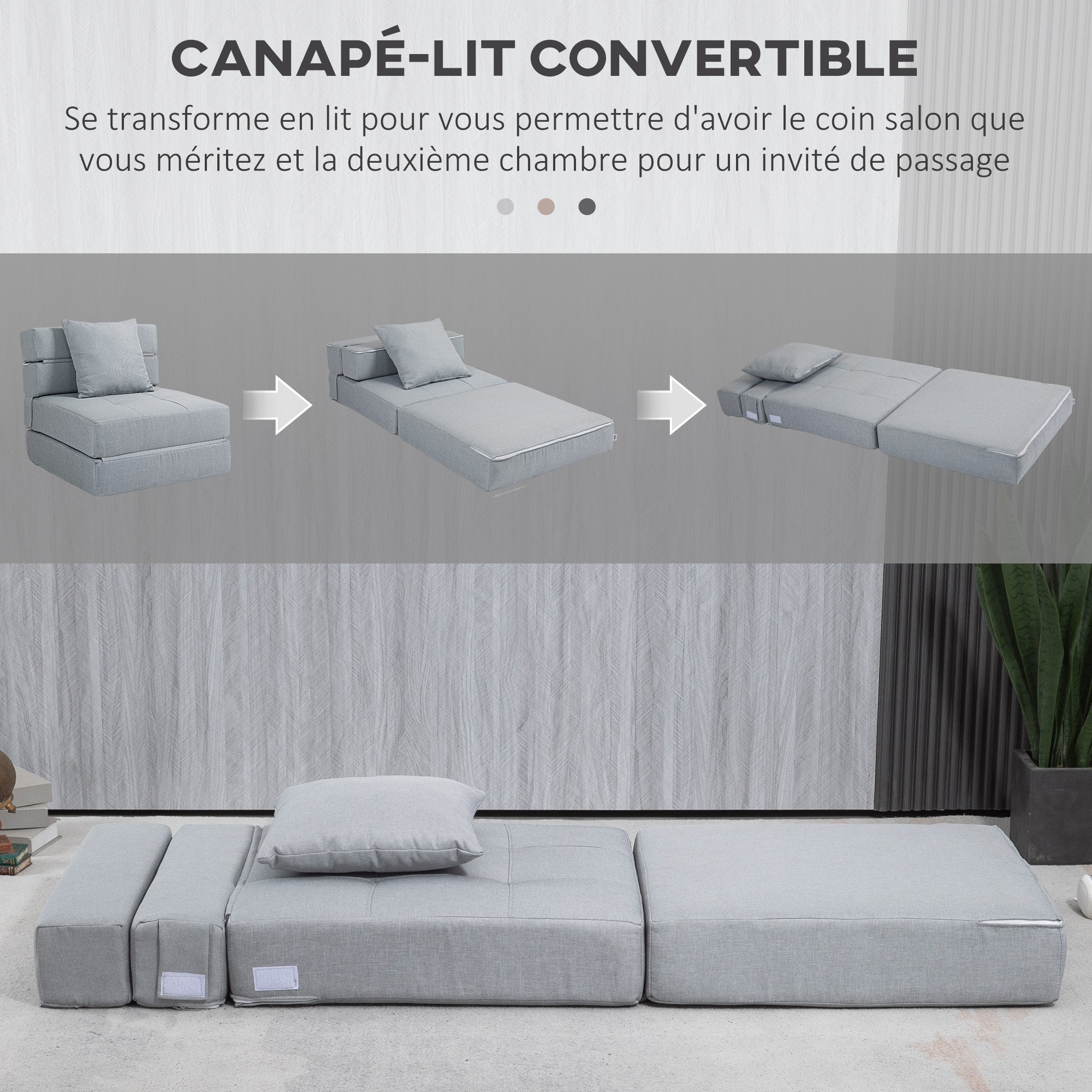 Fauteuil convertible 1 place fauteuil lit chauffeuse 1 place - coussin déhoussable inclus - chaise de sol pour invités, salon, charge 120 kg, gris clair