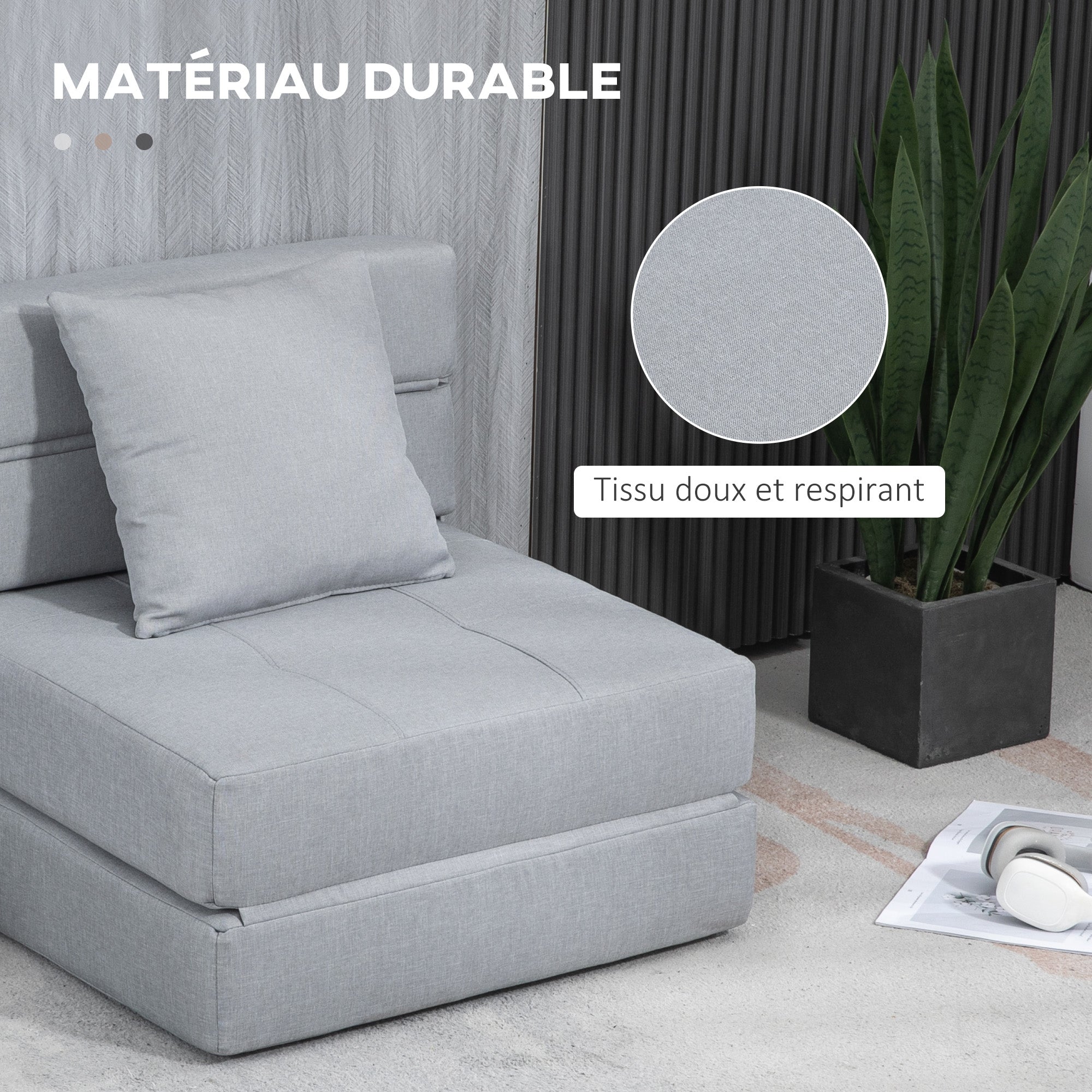 Fauteuil convertible 1 place fauteuil lit chauffeuse 1 place - coussin déhoussable inclus - chaise de sol pour invités, salon, charge 120 kg, gris clair