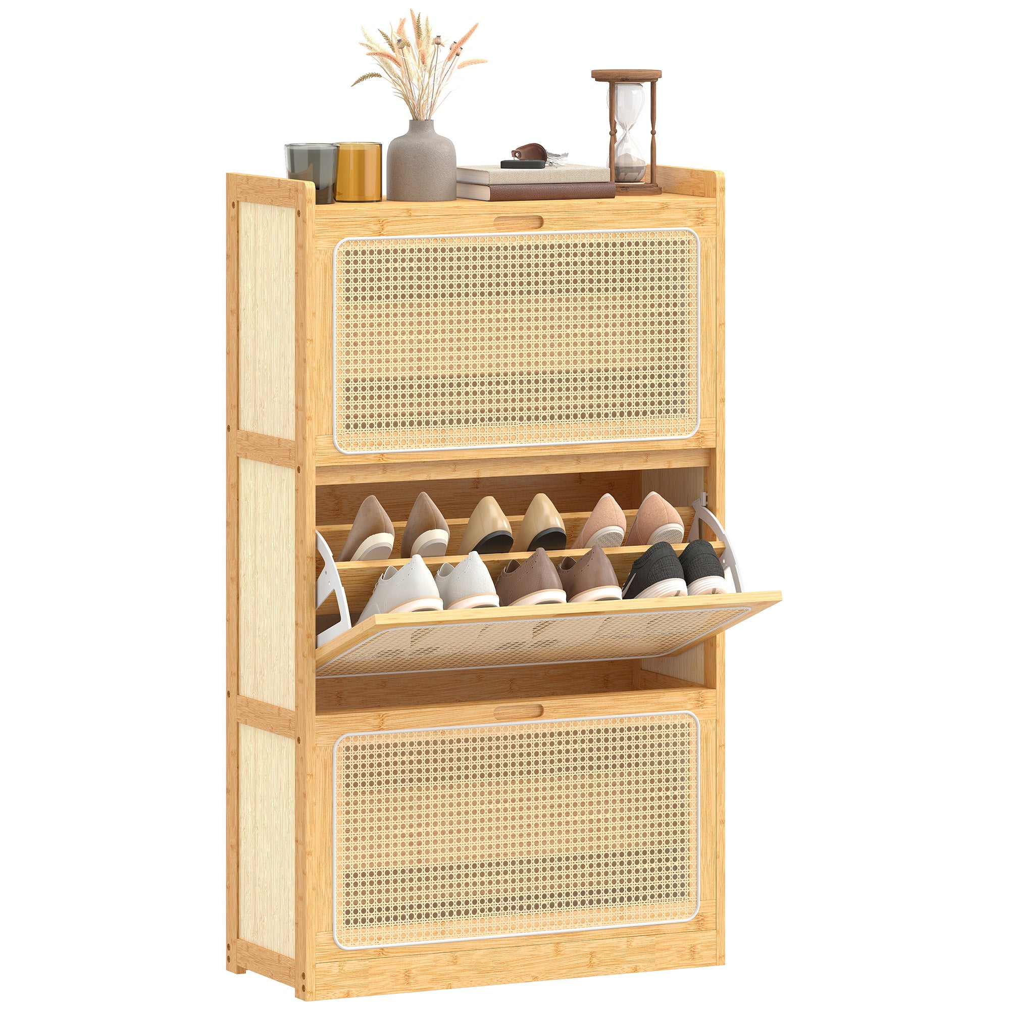 Meuble à chaussures 21 paires en bambou, armoire à chaussures étroite avec 3 tiroirs rabattables et étagères réglables, style bohème, pour couloir, entrée, 69 x 29 x 119,8 cm, bois naturel