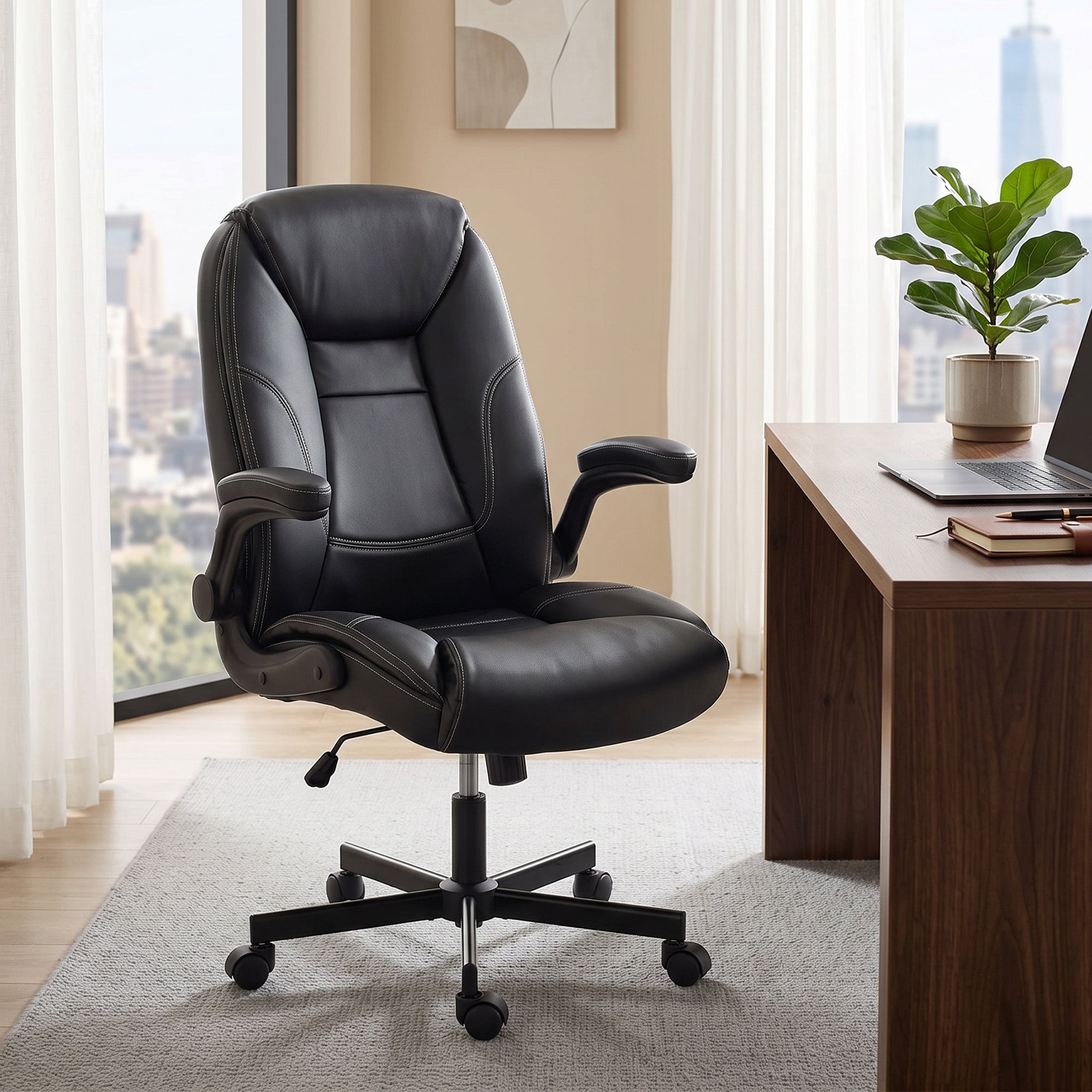 Chaise Bureau Ergonomique, Fauteuil de Bureau en PU, Accoudoirs Relevables, Dossier et Siège Zonés, Hauteur Réglable, Fonction Bascule, Travail Pivotante 360° pour Ordinateur, Noir