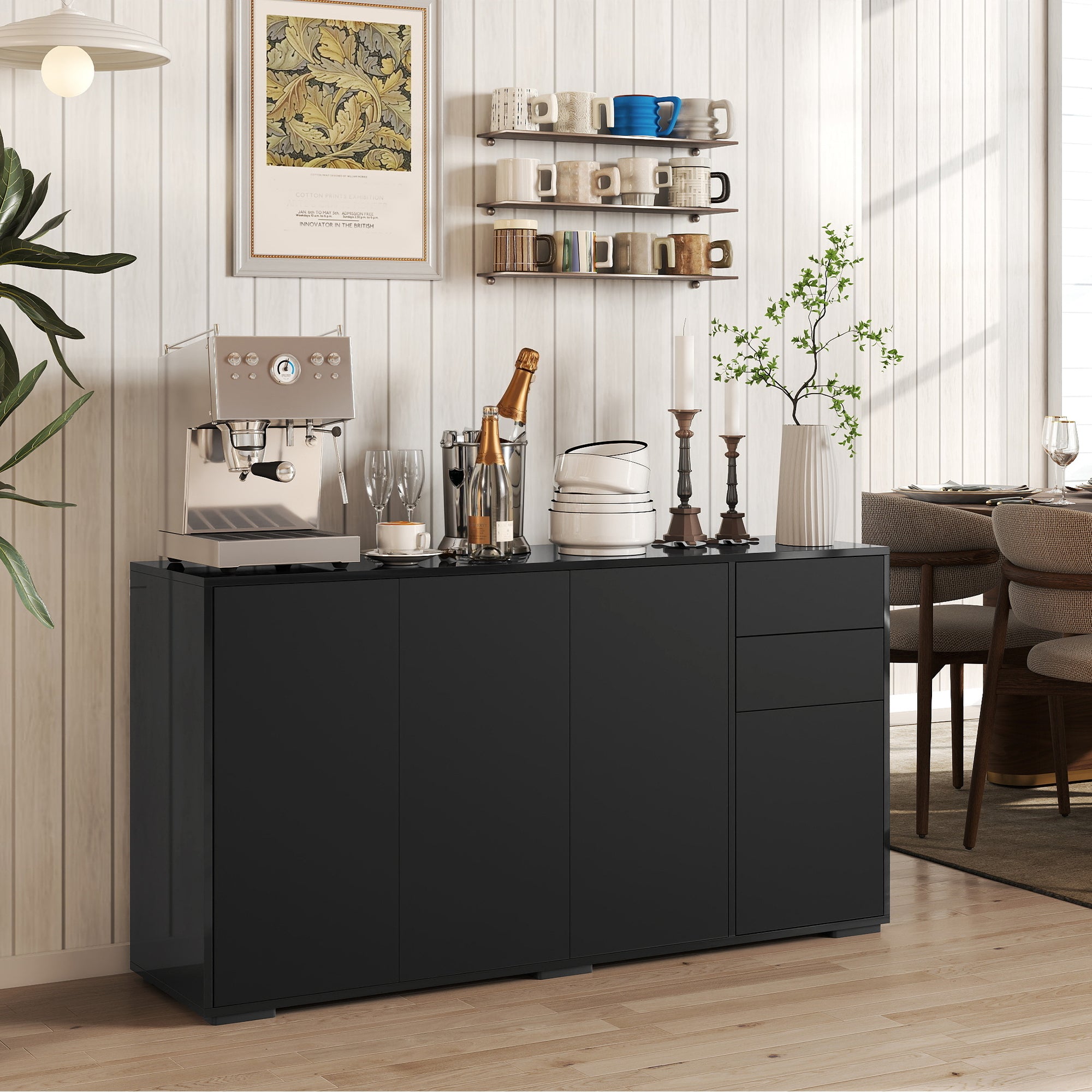 Buffet meuble de rangement 2 tiroirs coulissants 4 portes étagère réglable panneaux de particules 140 x 36 x 74 cm noir