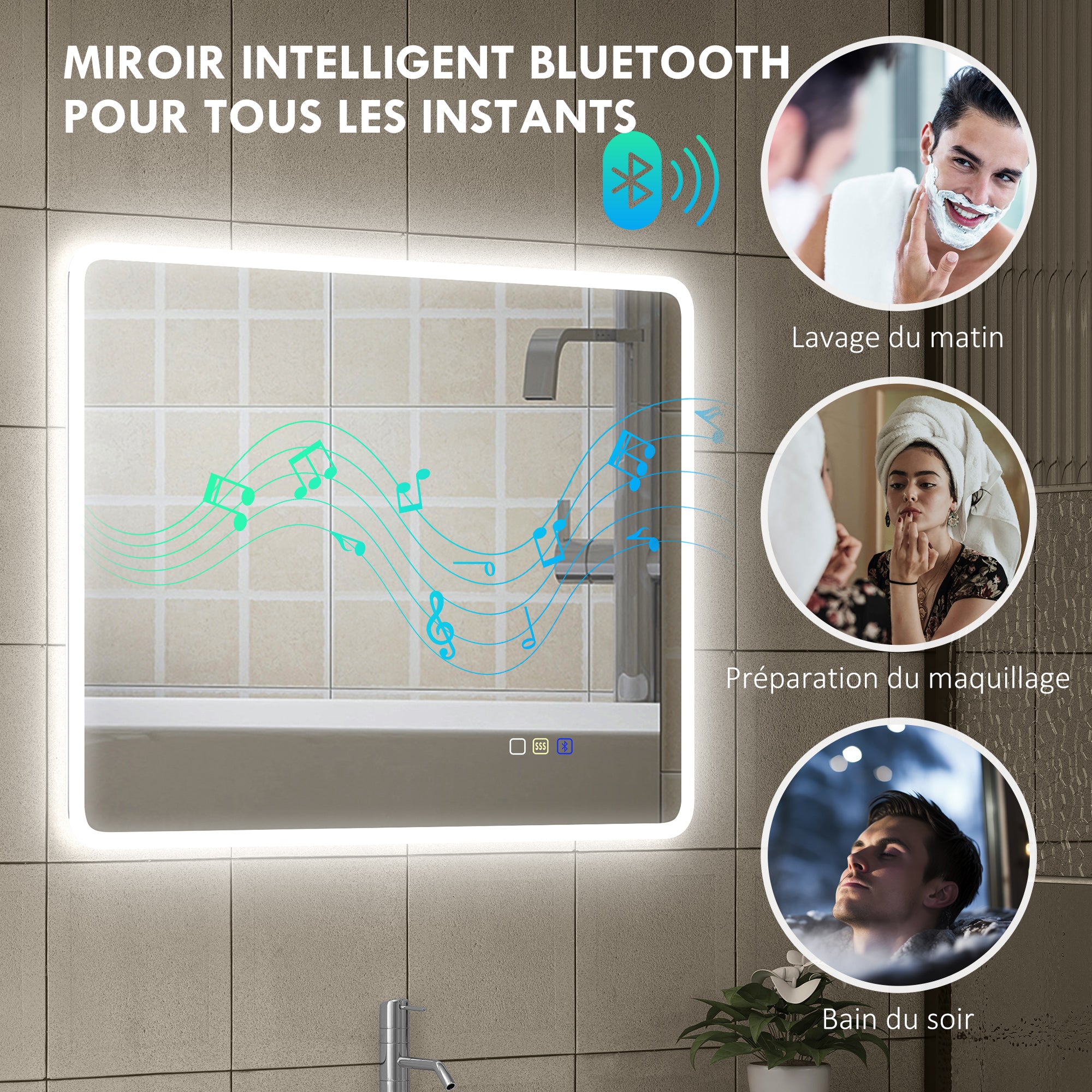 Miroir salle de bain bluetooth 70 x 90 cm, miroir lumineux salle de bain mural avec éclairage LED, interrupteur tactile, lumière réglable 3 couleurs, anti-buée, mémoire - argent