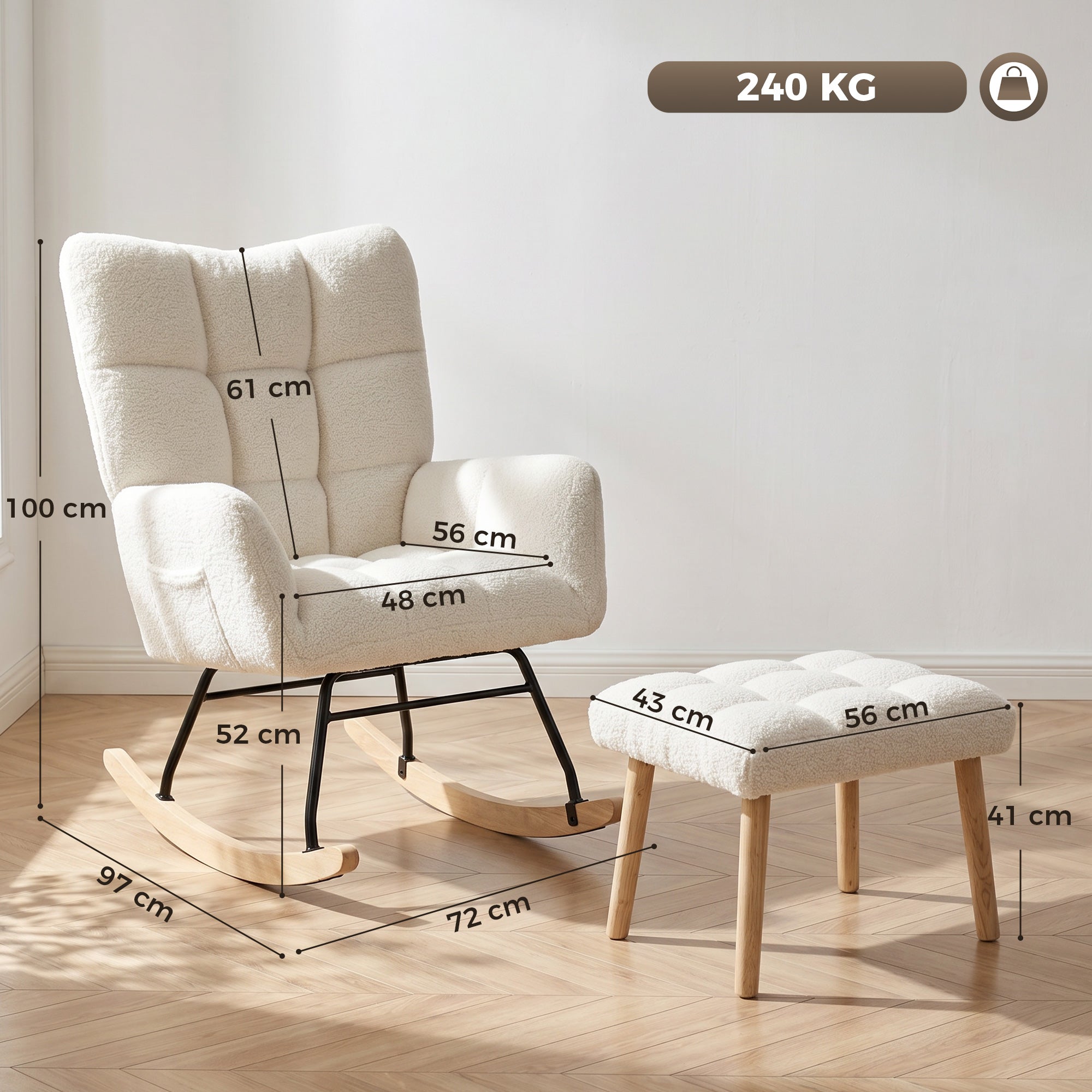 Fauteuil à Bascule avec Repose-Pieds, Rocking Chair en Tissu Bouclette, Assise Rembourrée, Dossier Large et Haut, Coussin Épais, Accoudoirs, Chaise Bascule Capitonnée pour Salon Chambre, Crème
