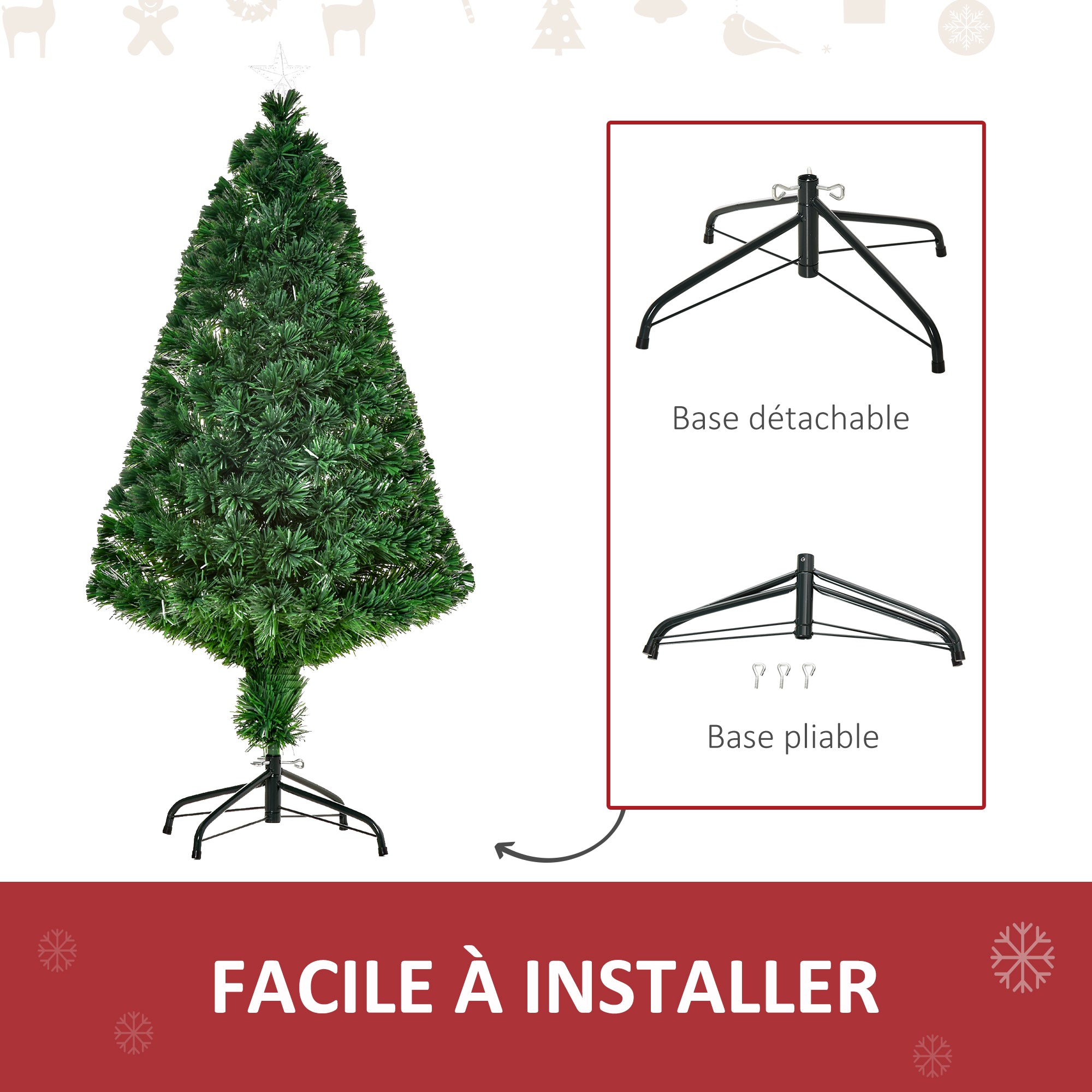 Sapin de Noël Artificiel Lumineux 120H cm Fibre Optique Multicolore + Support Pied 130 Branches étoile Sommet Brillante Vert