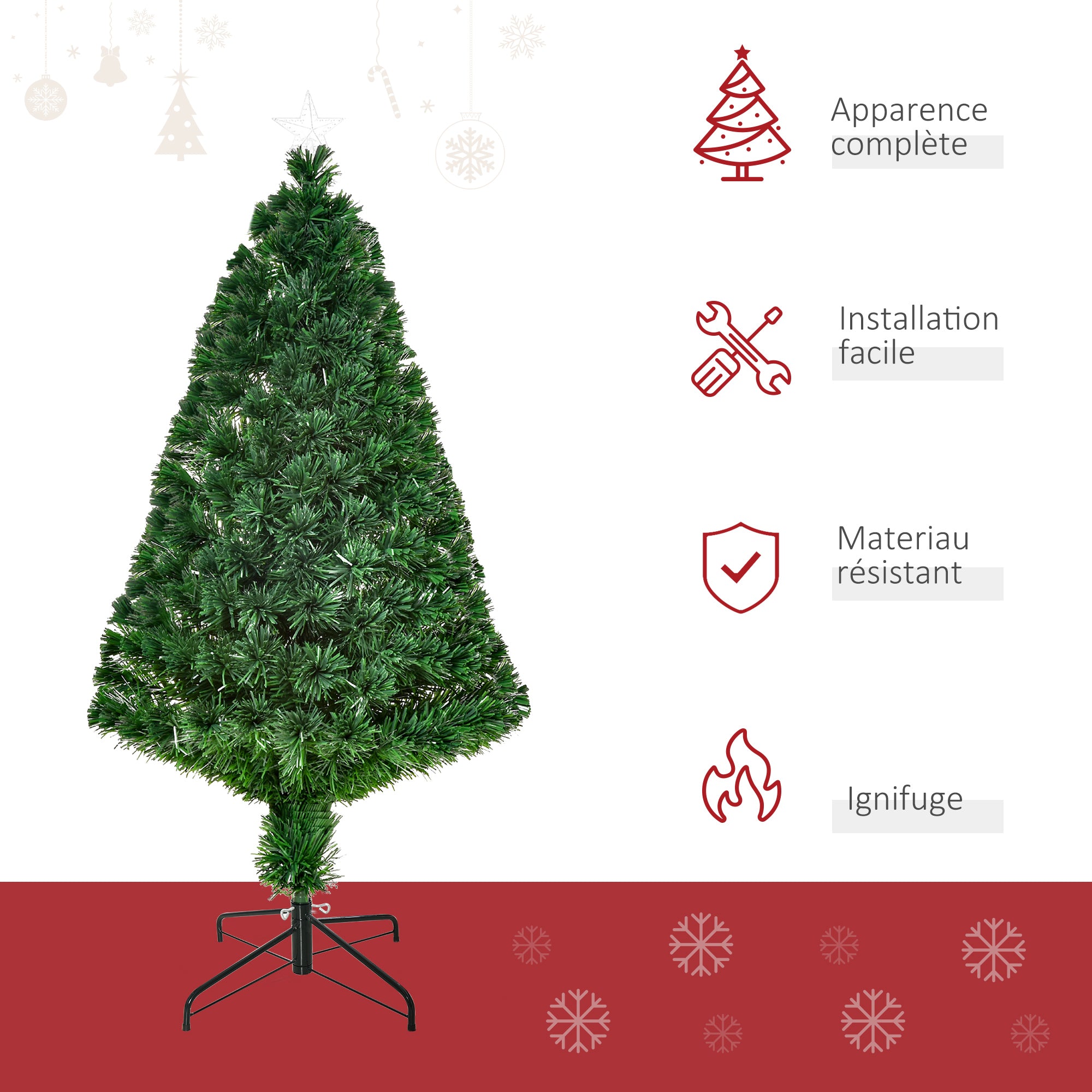 Sapin de Noël Artificiel Lumineux 120H cm Fibre Optique Multicolore + Support Pied 130 Branches étoile Sommet Brillante Vert