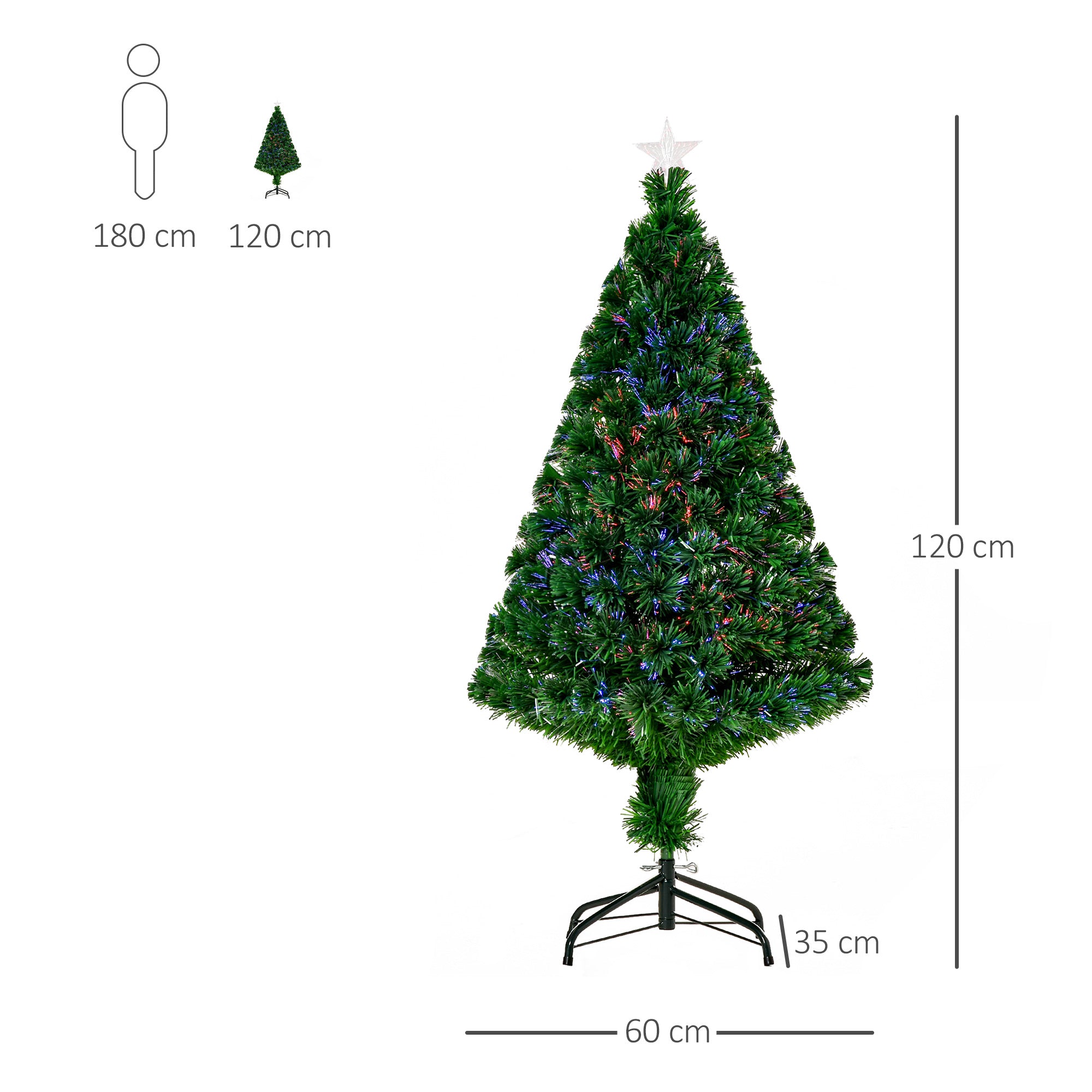 Sapin de Noël Artificiel Lumineux 120H cm Fibre Optique Multicolore + Support Pied 130 Branches étoile Sommet Brillante Vert