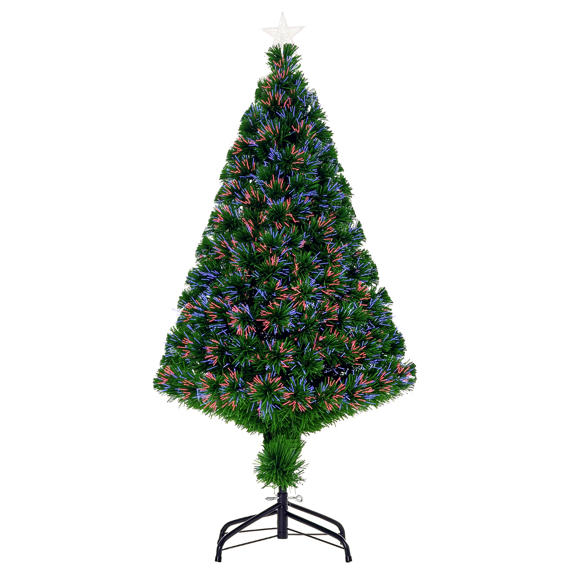 Sapin de Noël Artificiel Lumineux 120H cm Fibre Optique Multicolore + Support Pied 130 Branches étoile Sommet Brillante Vert