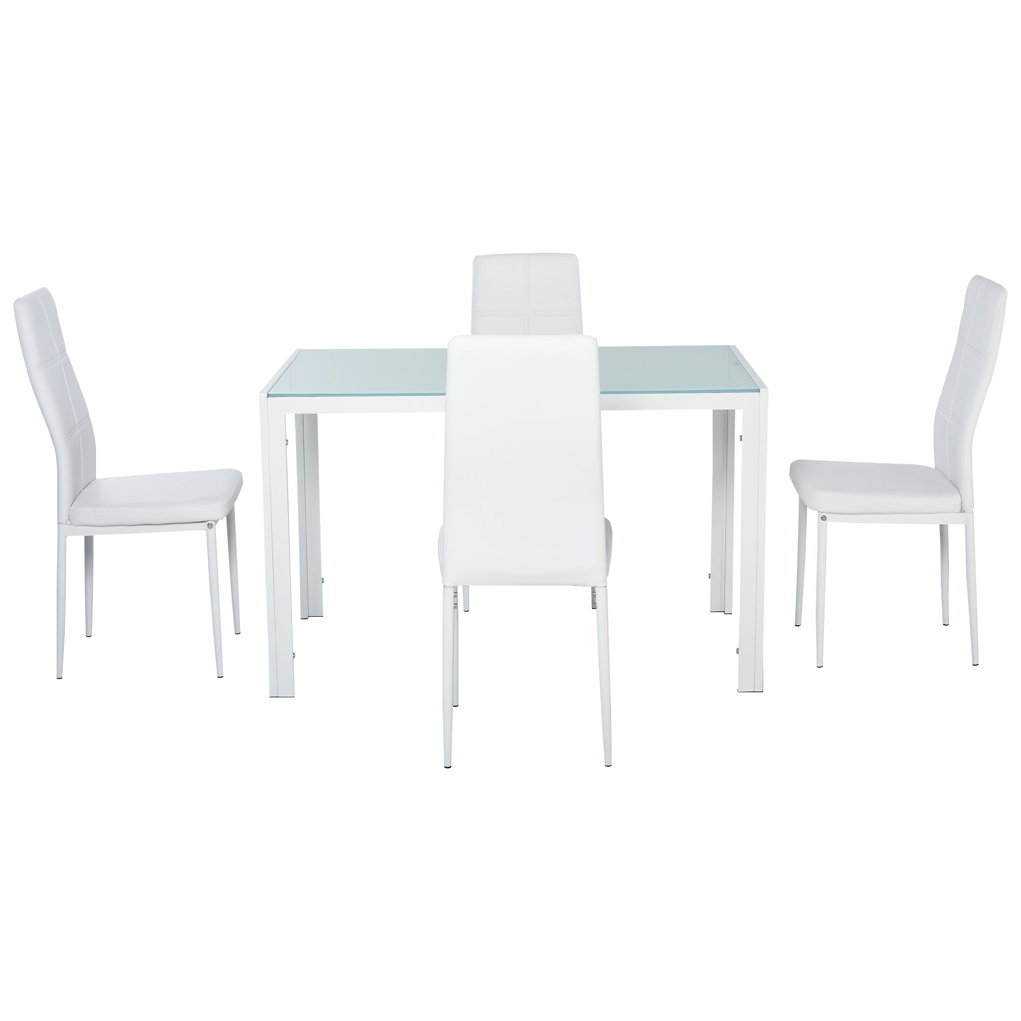 Ensemble table à manger et chaises pour 4 personnes, table de cuisine avec chaises, plateau rectangulaire en verre, structure en métal, pour cuisine salon maison, blanc