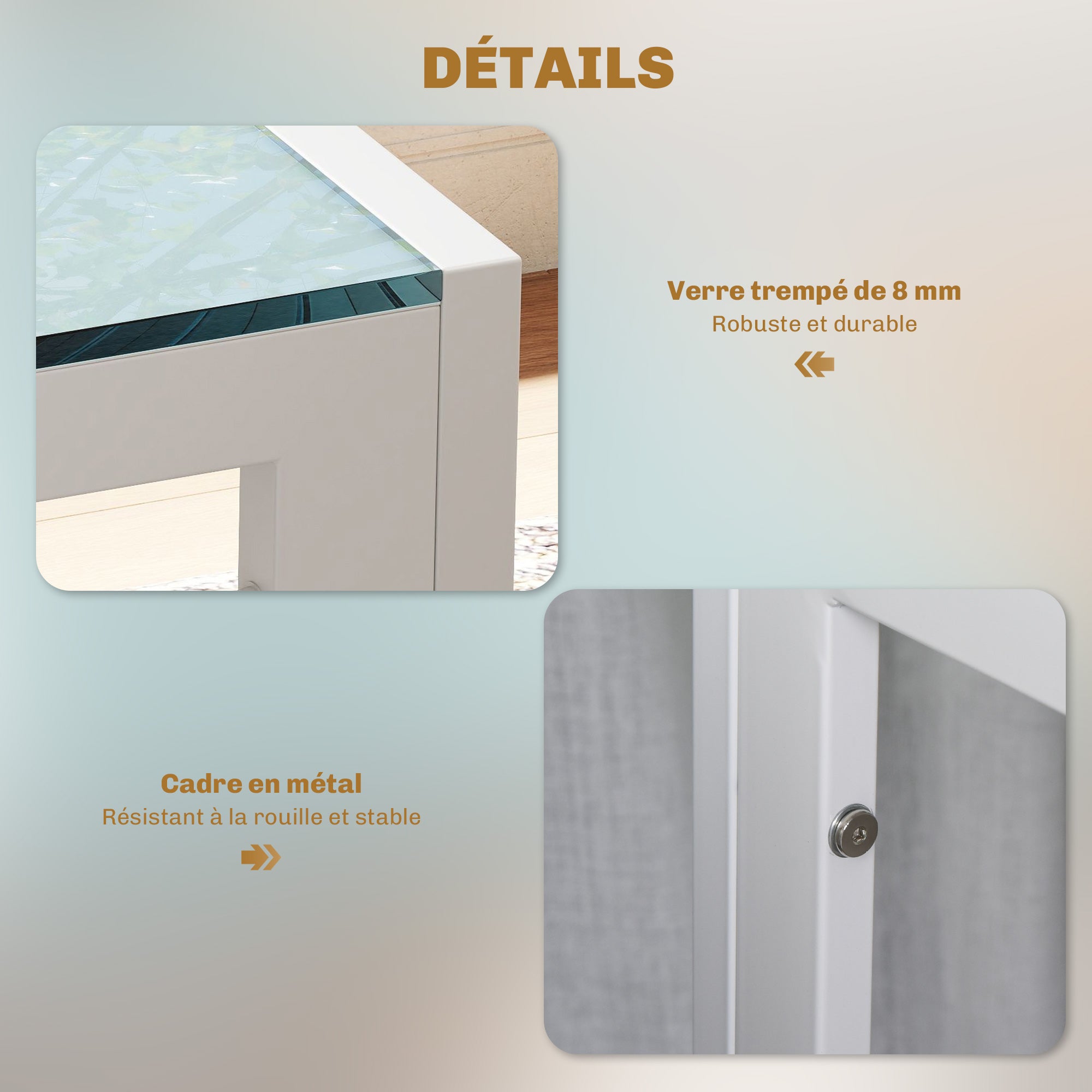 Ensemble table à manger et chaises pour 4 personnes, table de cuisine avec chaises, plateau rectangulaire en verre, structure en métal, pour cuisine salon maison, blanc