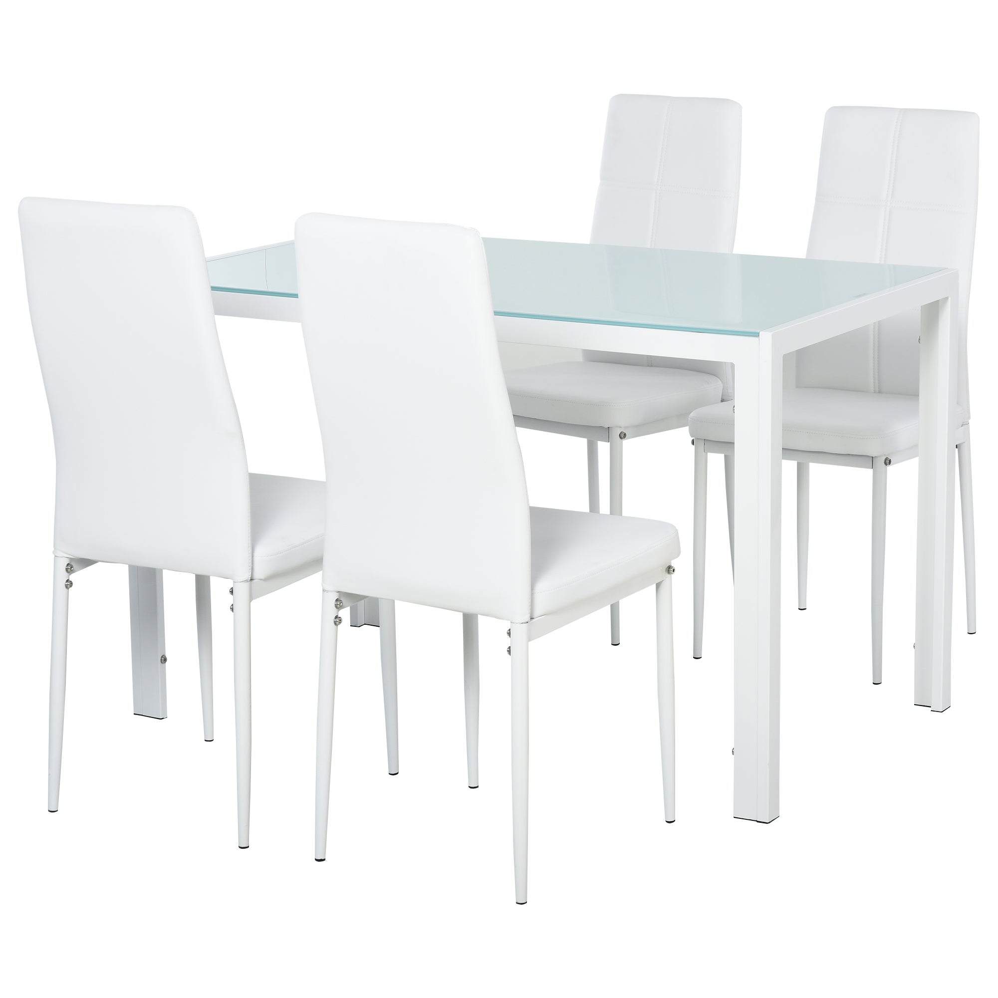 Ensemble table à manger et chaises pour 4 personnes, table de cuisine avec chaises, plateau rectangulaire en verre, structure en métal, pour cuisine salon maison, blanc