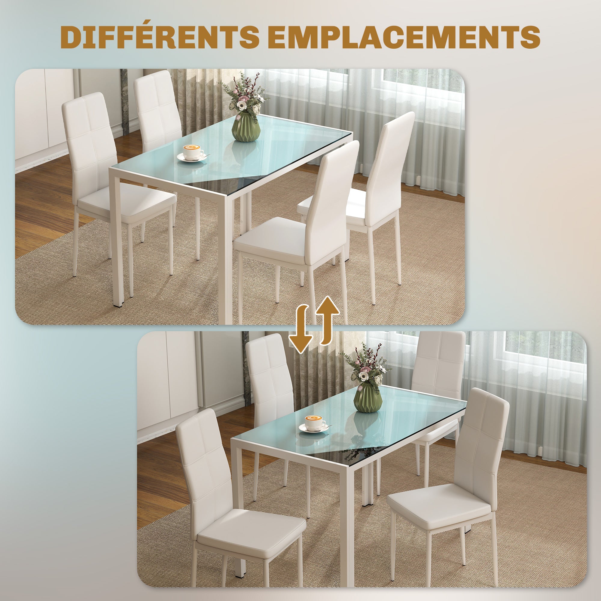 Ensemble table à manger et chaises pour 4 personnes, table de cuisine avec chaises, plateau rectangulaire en verre, structure en métal, pour cuisine salon maison, blanc