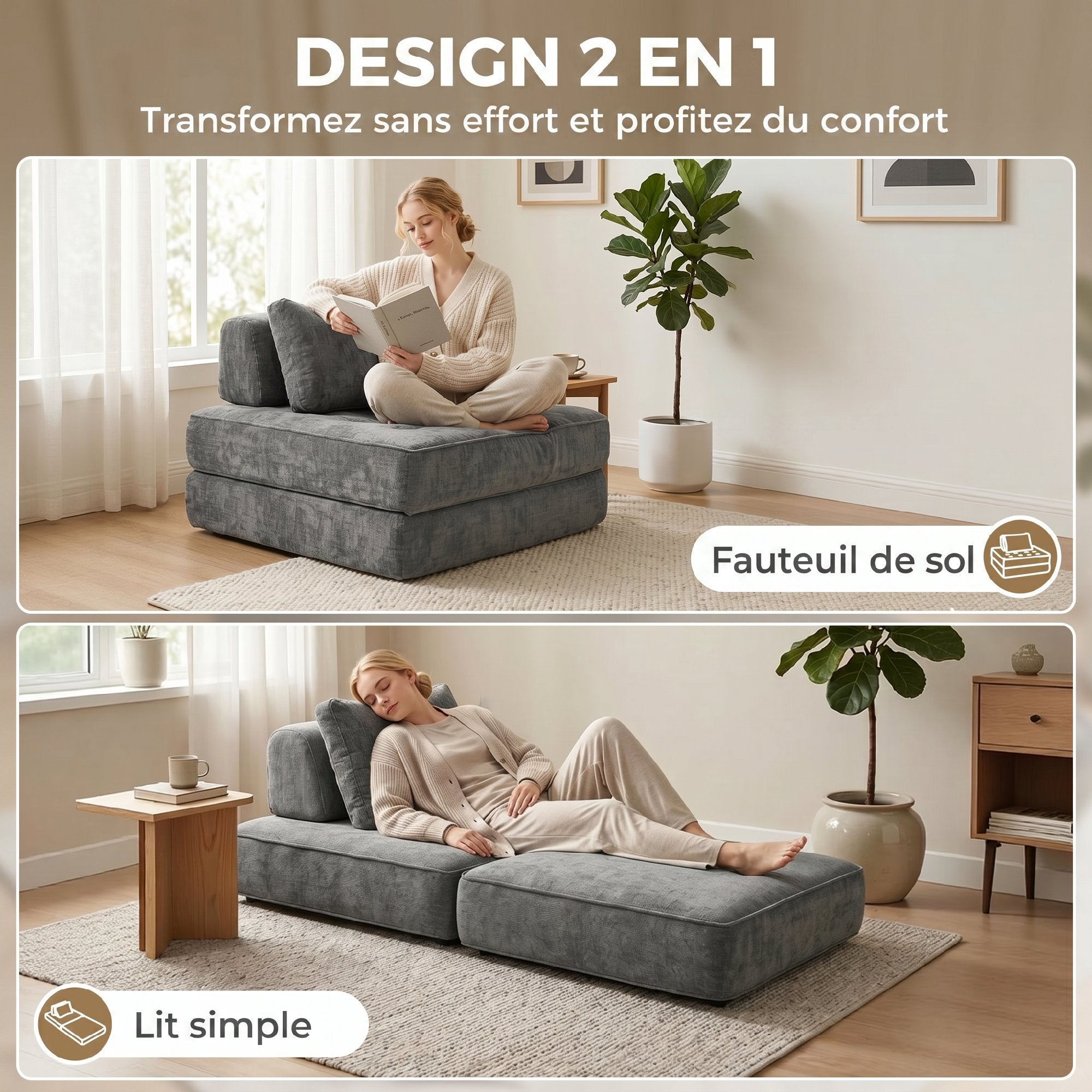 Canapé-Lit Pliant 2 en 1 Chauffeuse 1 Place Convertible en Chenille Matelas Pliable Coussin Épais Dossier et Oreiller Entièrement Compressé Aucun Assemblage Requis pour Salon Chambre Gris