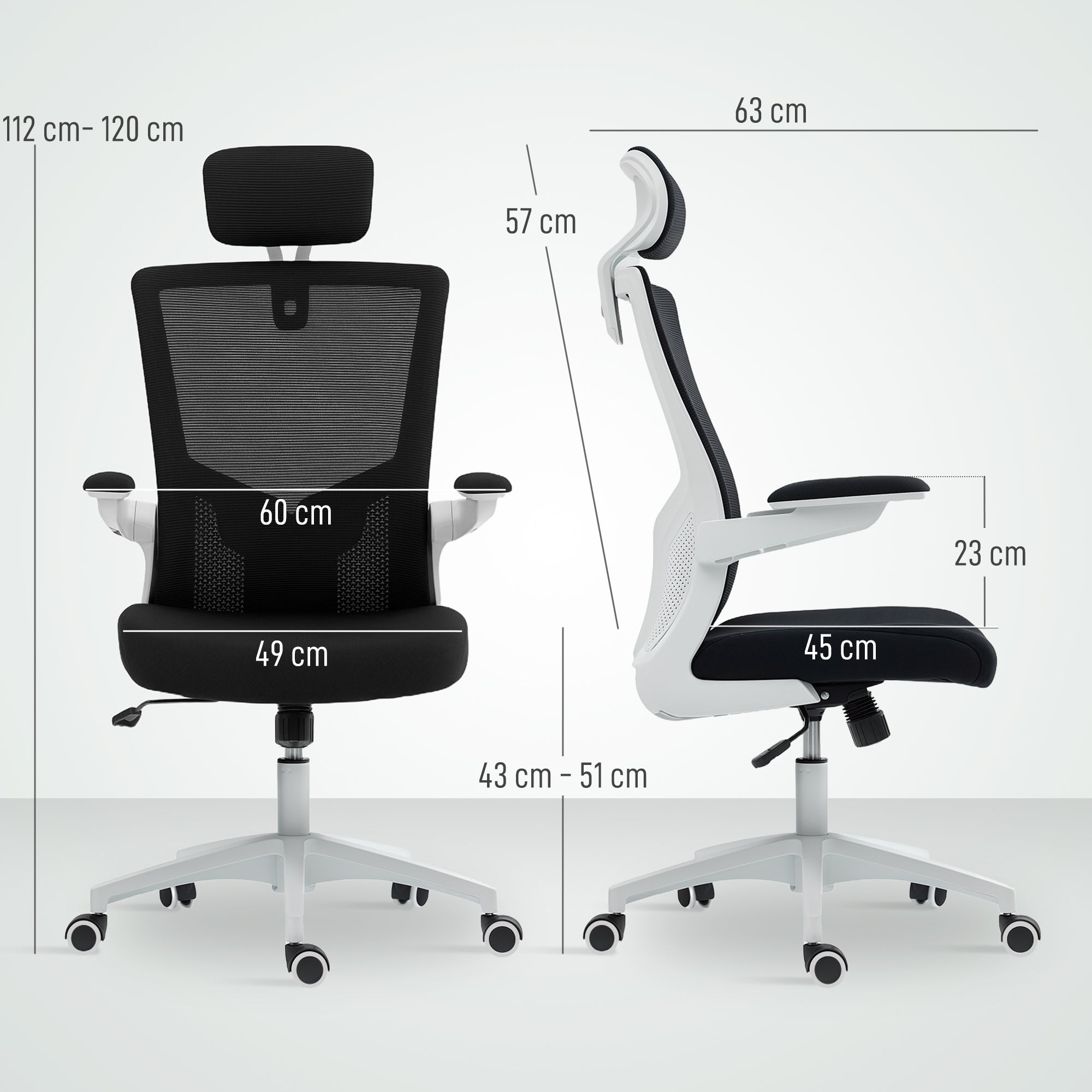 Chaise bureau ergonomique, fauteuil de bureau avec hauteur réglable, soutien lombaire, appui-tête, accoudoirs relevables, fonction bascule, pivotant à 360° et roulettes, noir