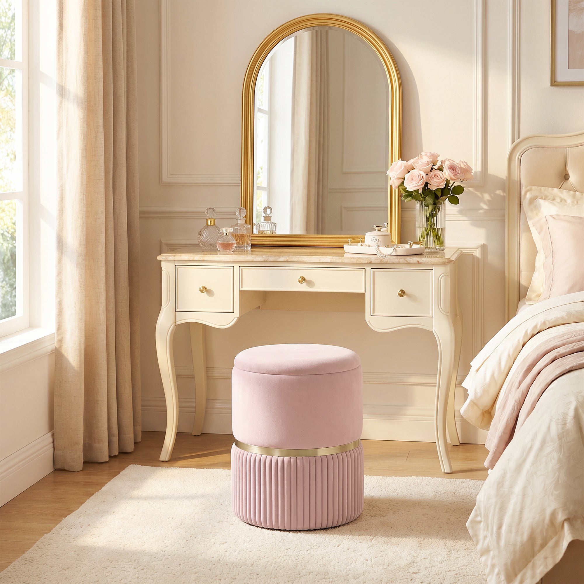 Pouf tabouret repose-pied, coffre de rangement, en velours côtelé, design moderne, 36 x 36 x 44 cm, pour salon, chambre, rose