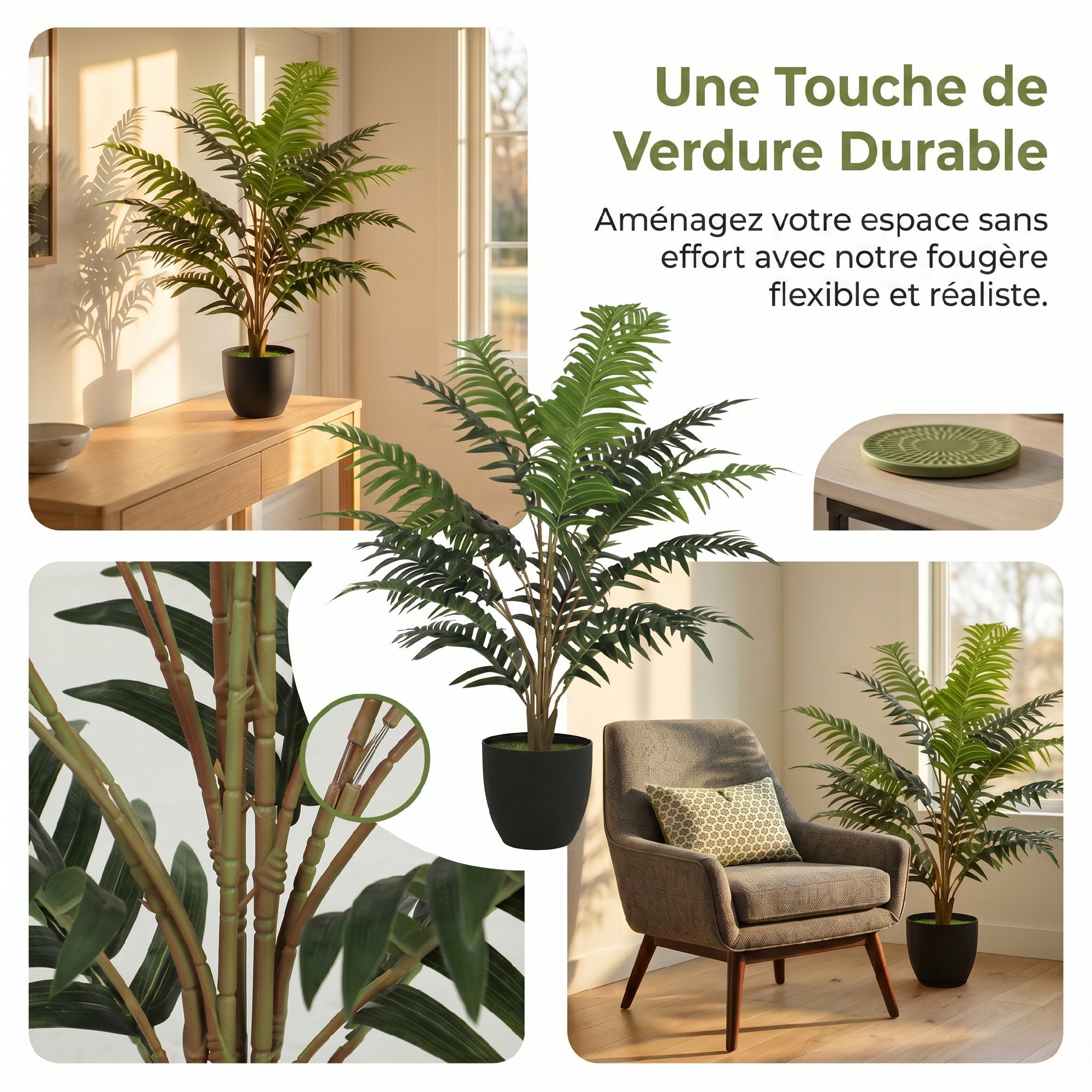 Plante artificielle intérieure 90 cm fougère arbre artificiel en pot avec branches flexibles, fausse plante vert décoration intérieure et extérieure pour maison, bureau, salon, chambre