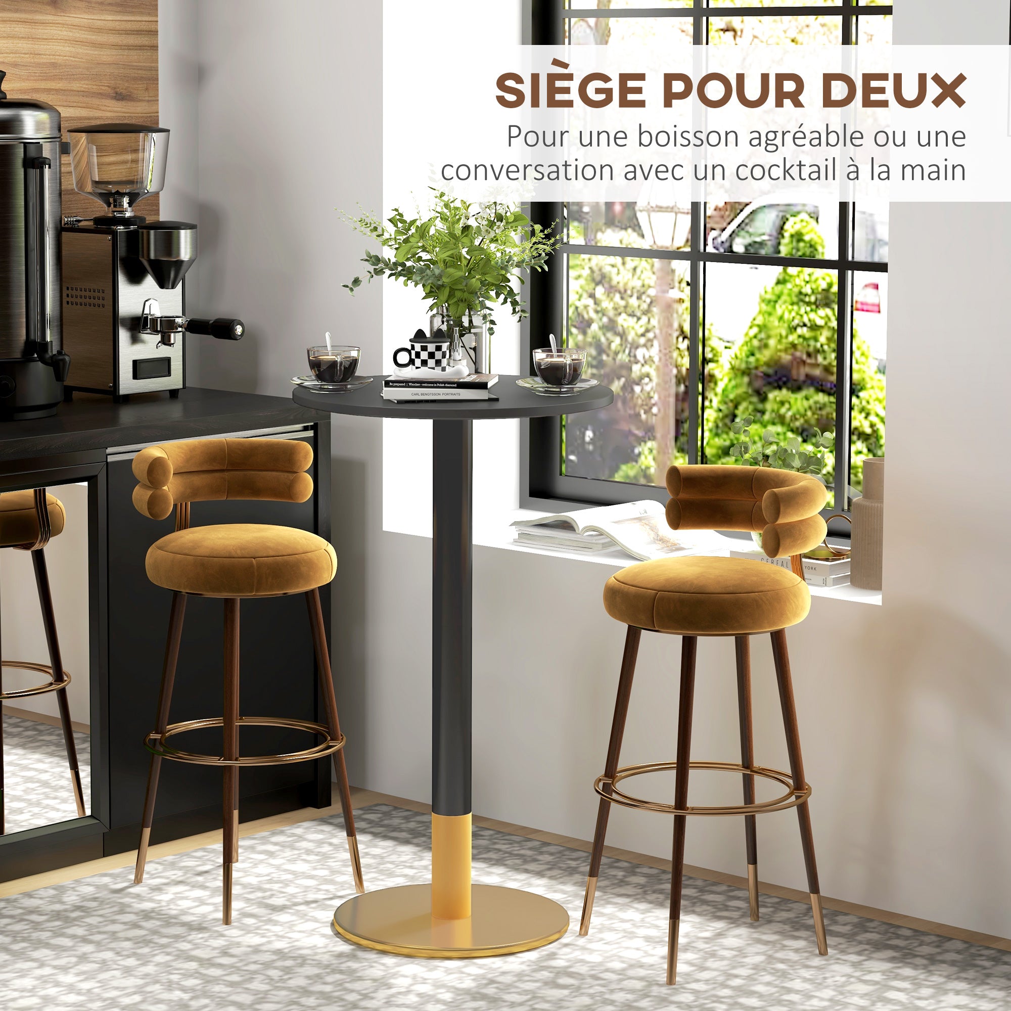 Table de bar ronde table de bistro mange-debout table de cuisine style contemporain cadre en acier dim. 60L x 60l x 102H cm noir