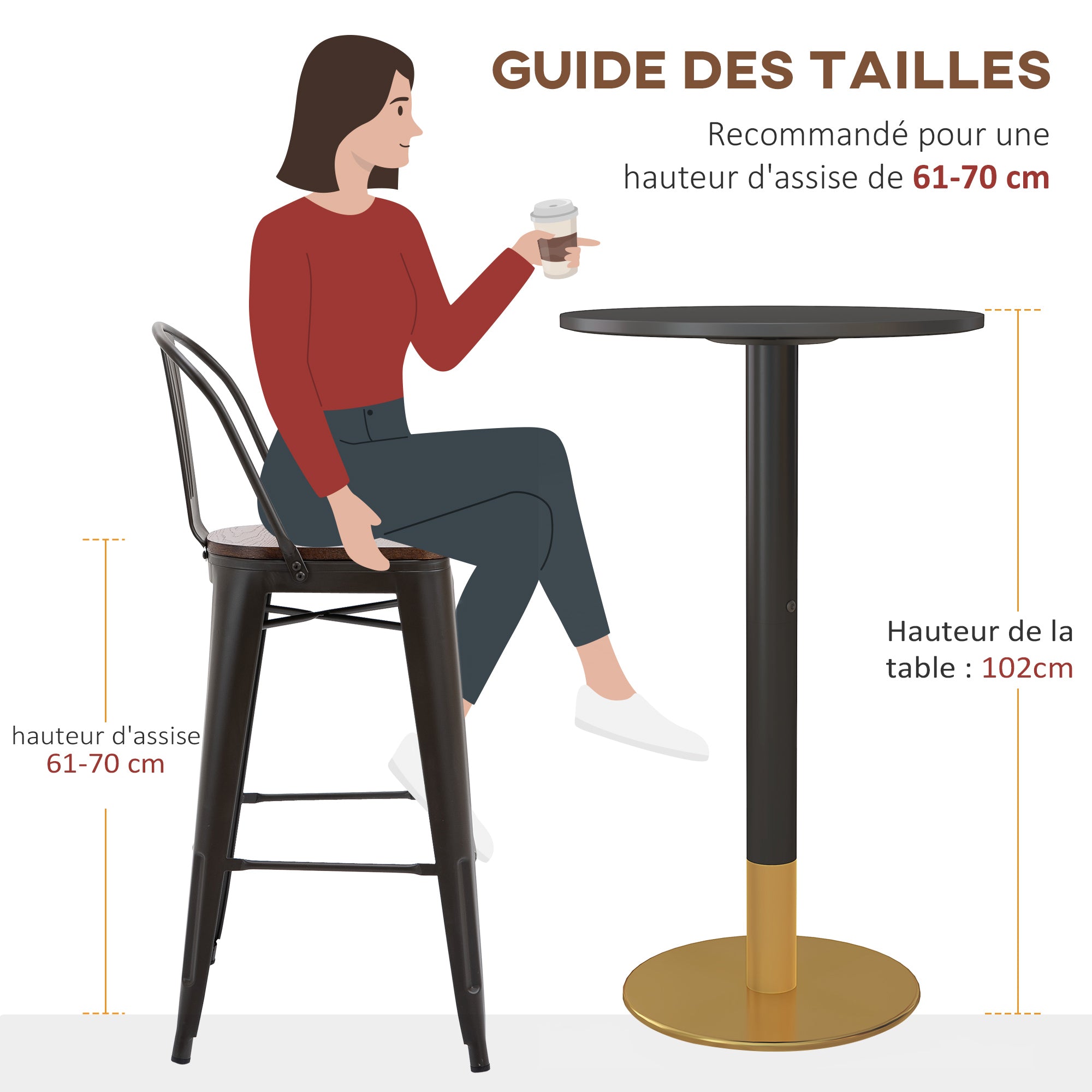 Table de bar ronde table de bistro mange-debout table de cuisine style contemporain cadre en acier dim. 60L x 60l x 102H cm noir
