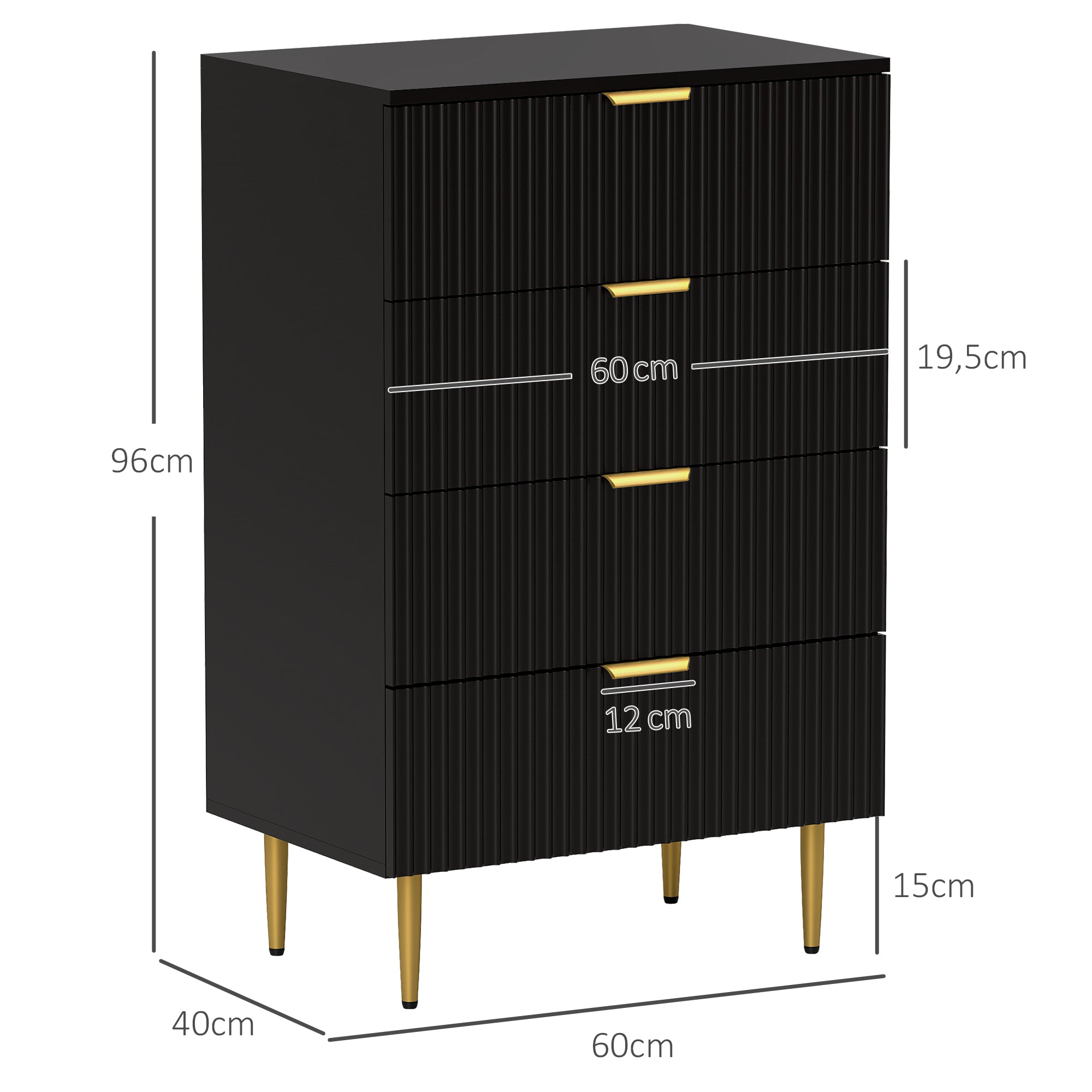 Commode 4 tiroirs commode chambre meuble de rangement moderne avec poignées et pieds dorés, pour chambre à coucher, salon, dim. 60 x 40 x 96 cm, noir