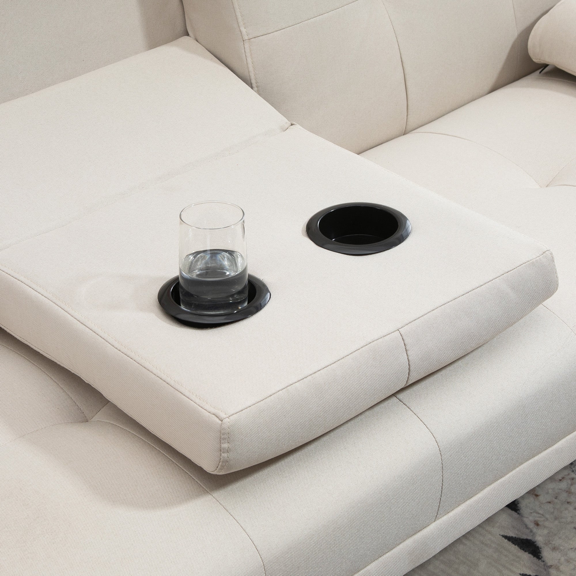 Canapé convertible 3 places design scandinave inclinaison dossier réglable 3 niveaux dossier centrale rabattable 2 porte-verres bois massif lin beige