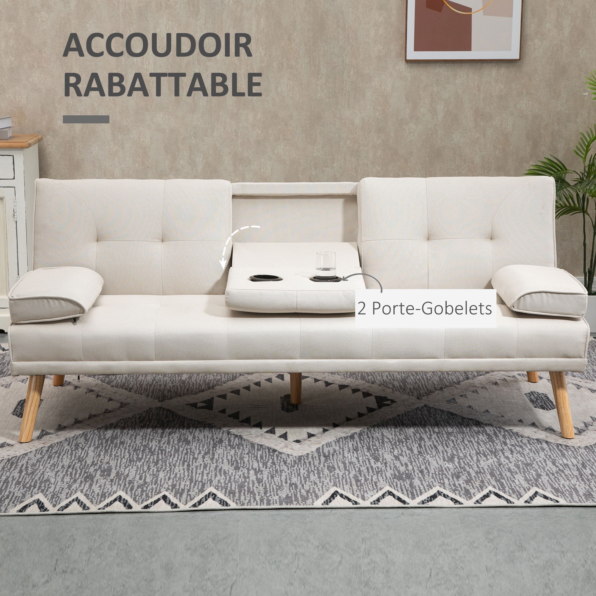 Canapé convertible 3 places design scandinave inclinaison dossier réglable 3 niveaux dossier centrale rabattable 2 porte-verres bois massif lin beige
