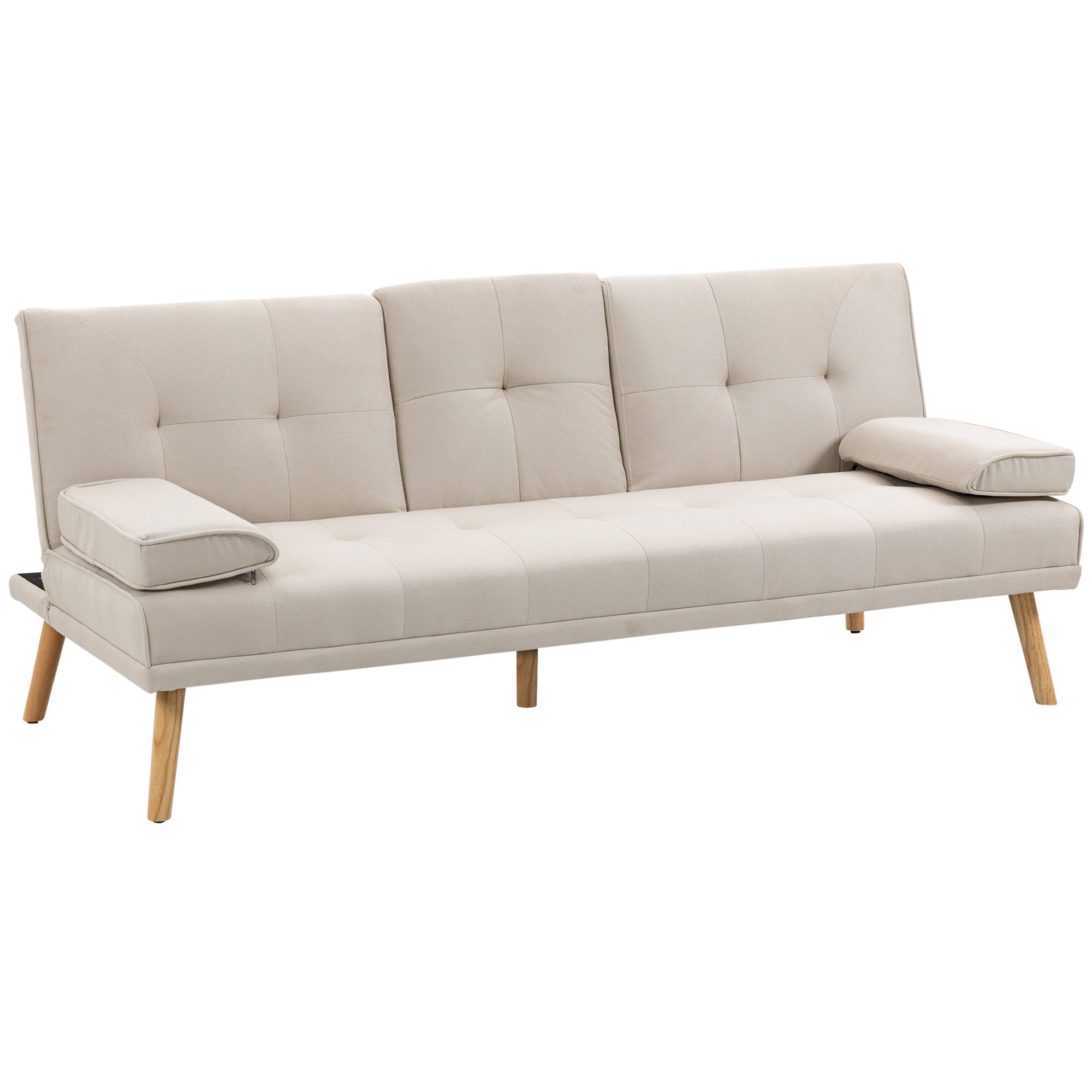 Canapé convertible 3 places design scandinave inclinaison dossier réglable 3 niveaux dossier centrale rabattable 2 porte-verres bois massif lin beige